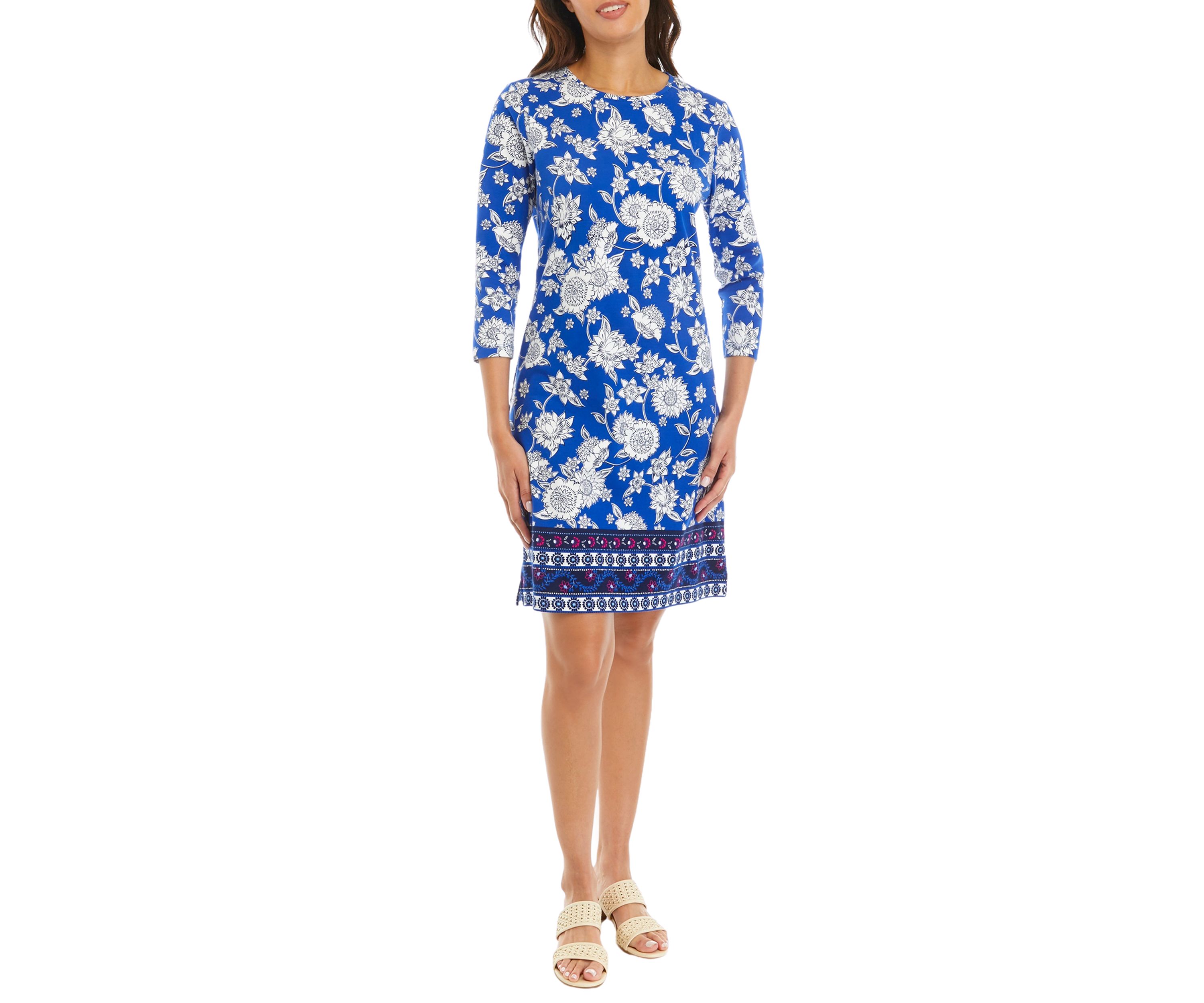 Womens 3/4 Sleeve Border Print Dress