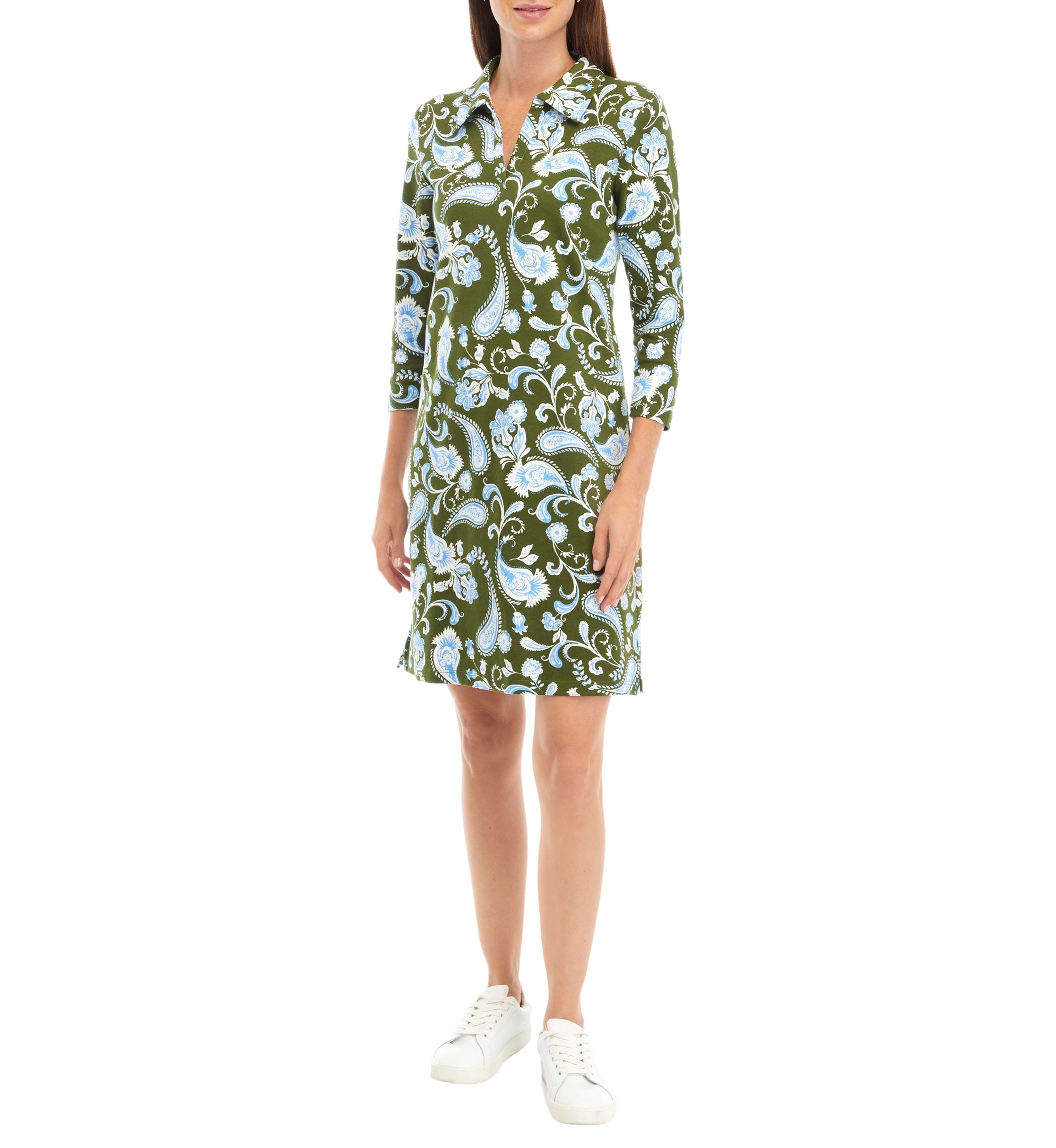 Womens 3/4 Sleeve Johnny Collar Printed Dress