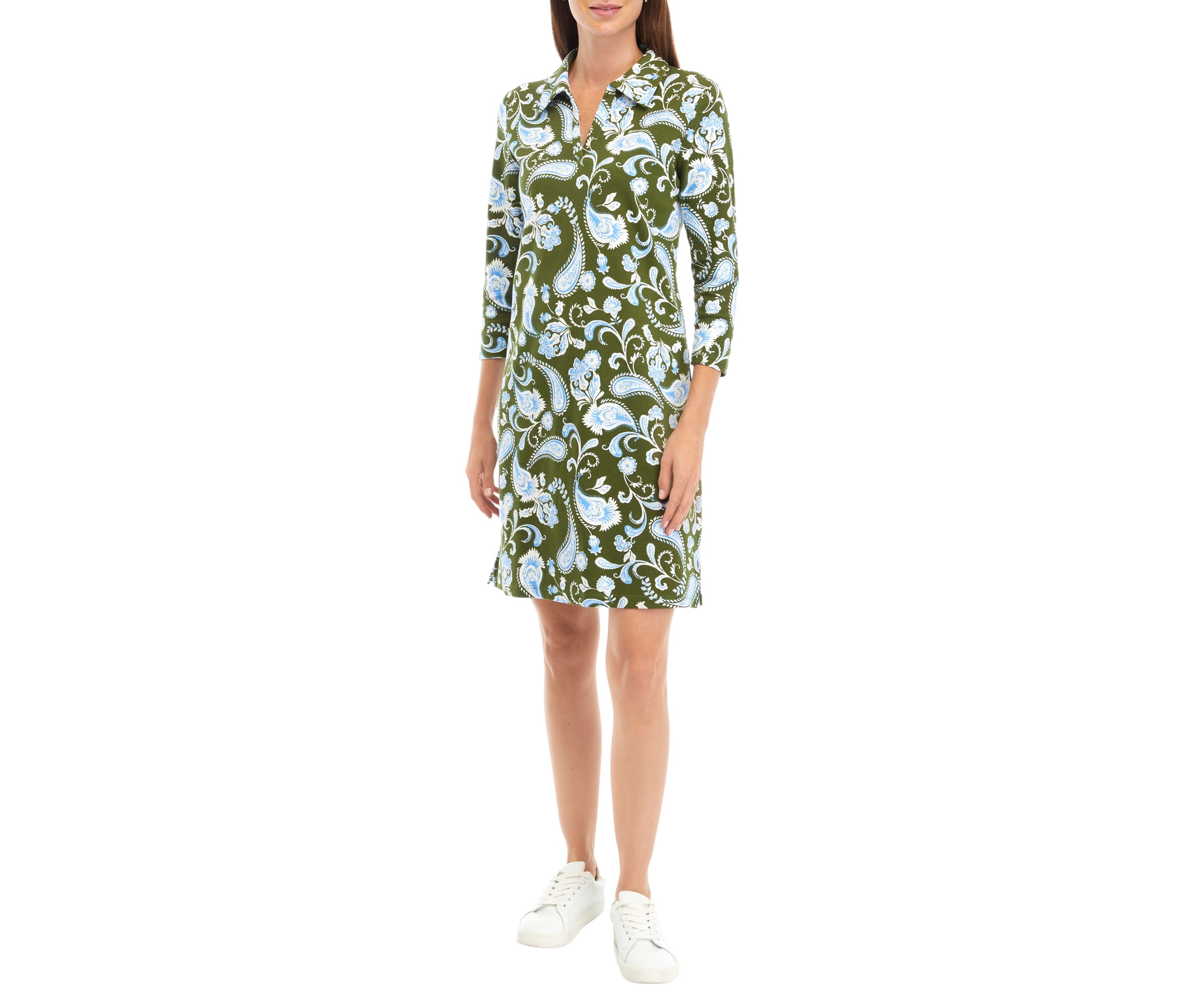 Womens 3/4 Sleeve Johnny Collar Printed Dress