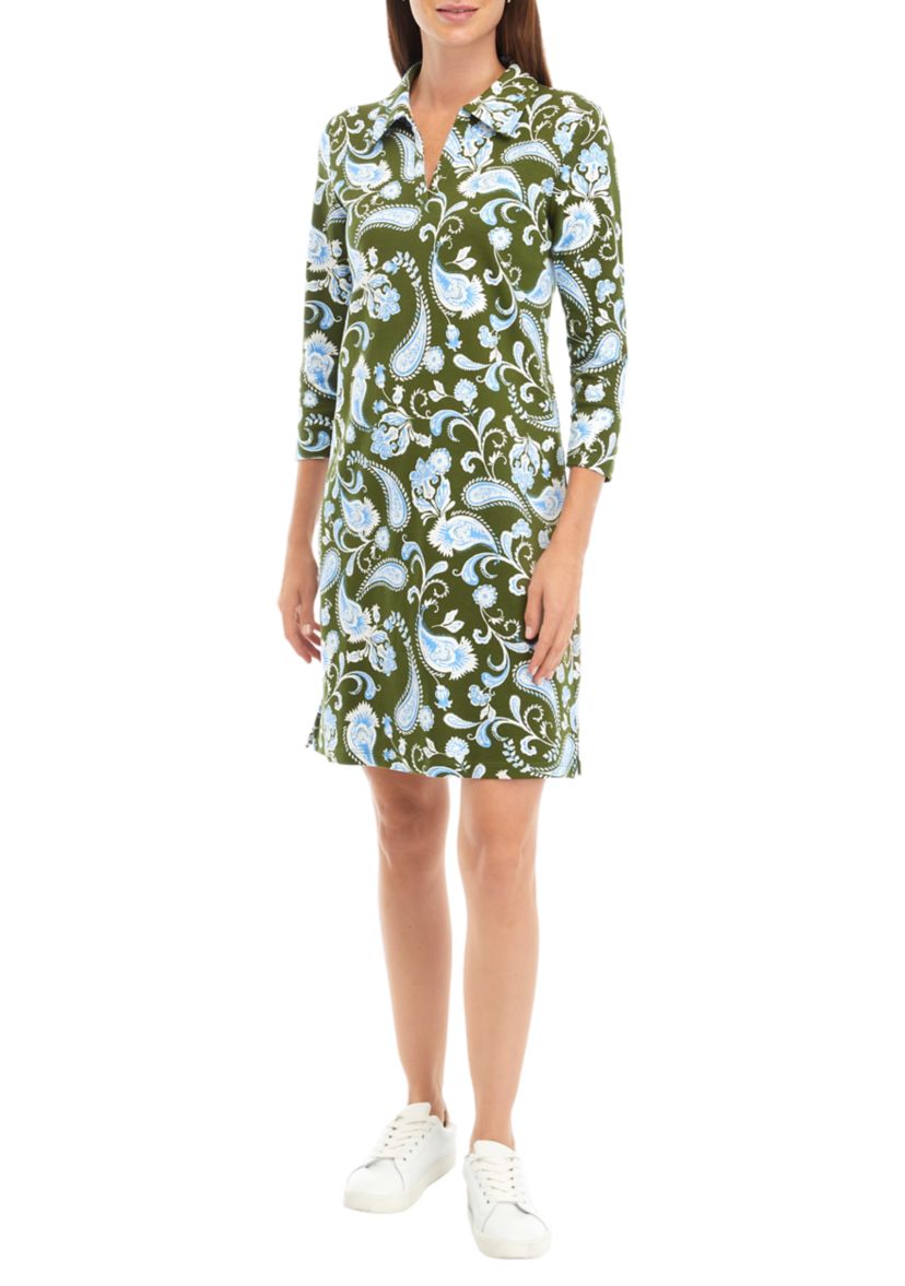 Womens 3/4 Sleeve Johnny Collar Printed Dress