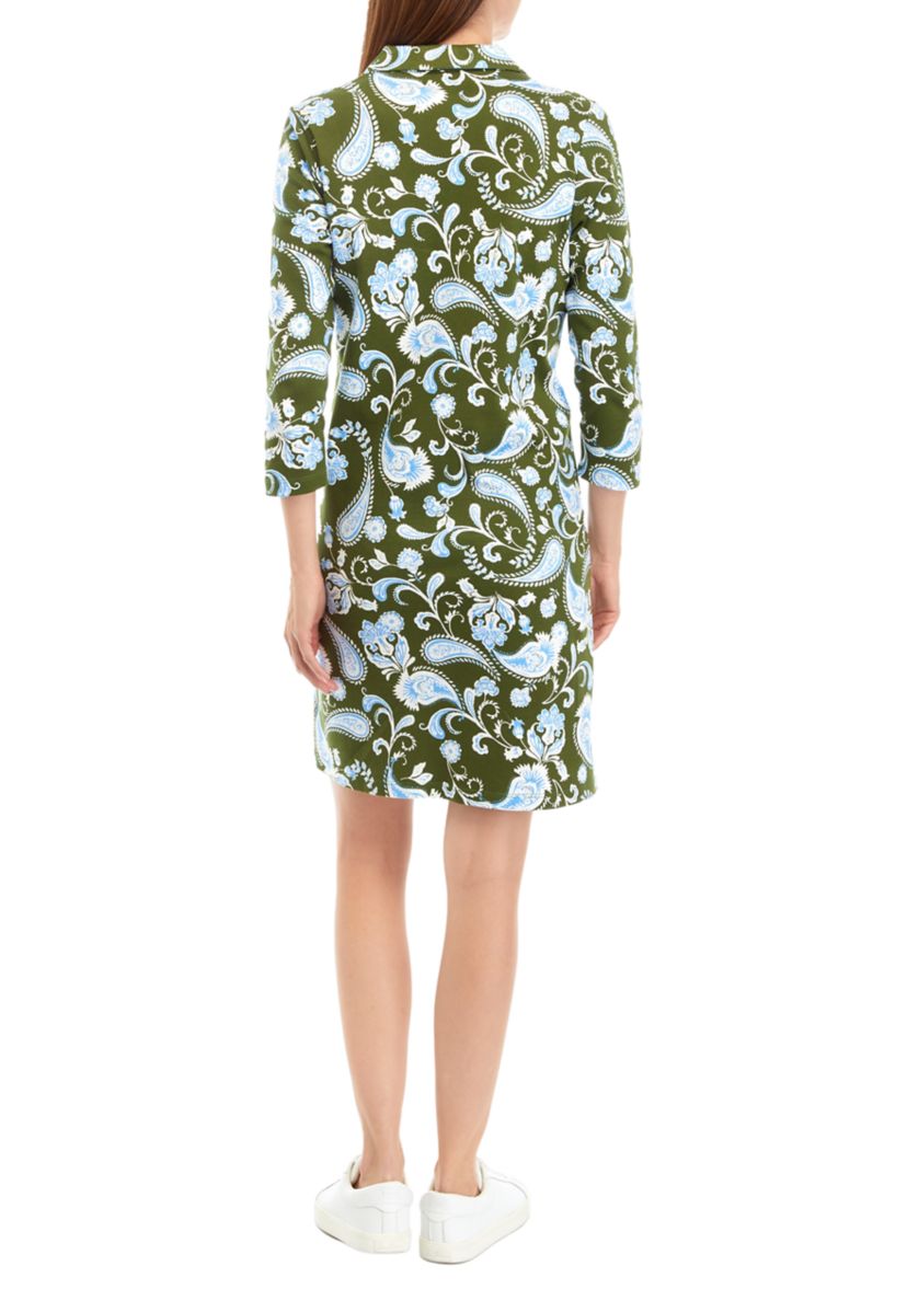 Womens 3/4 Sleeve Johnny Collar Printed Dress