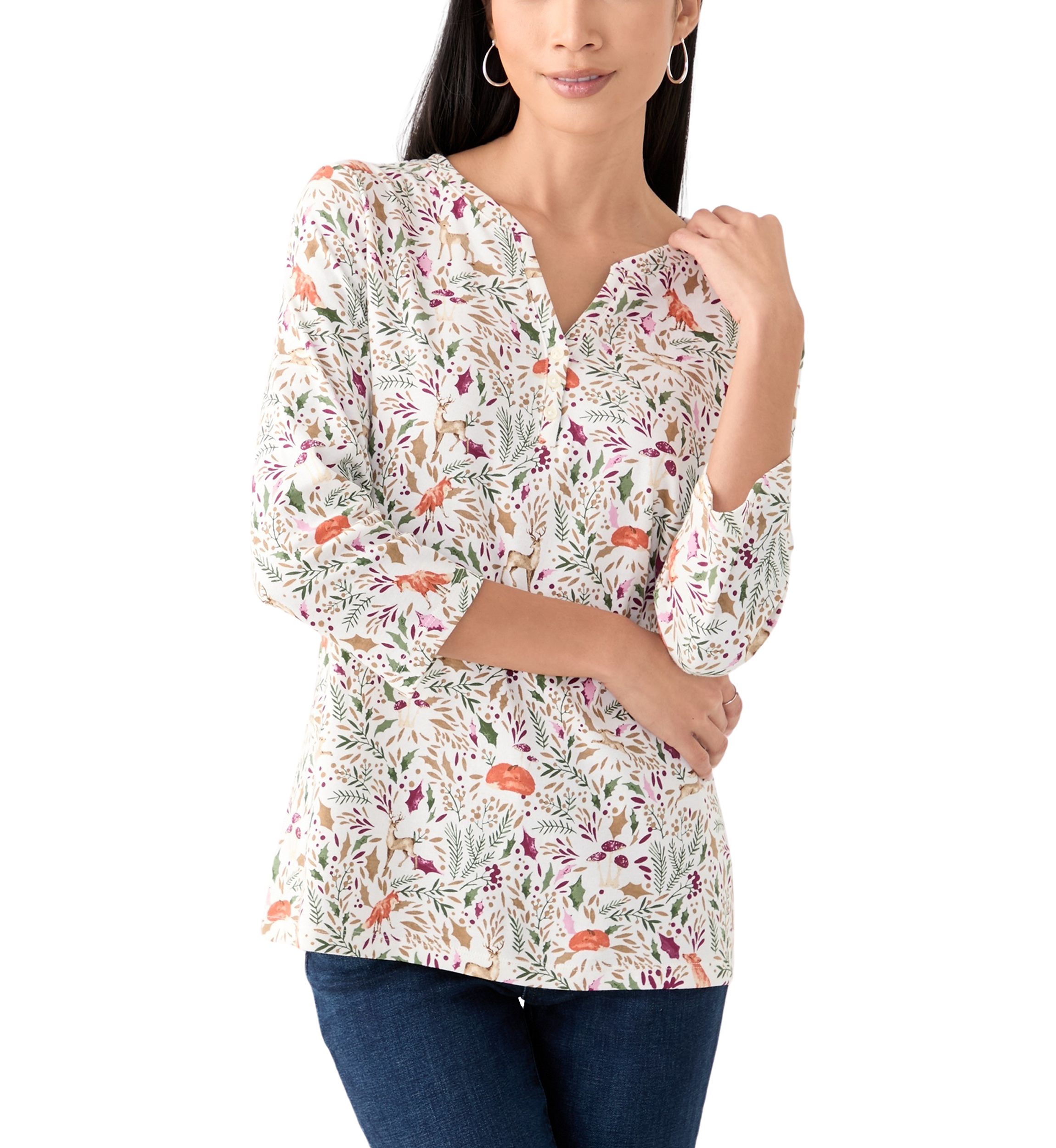 Womens 3/4 Sleeve Printed Henley Top 