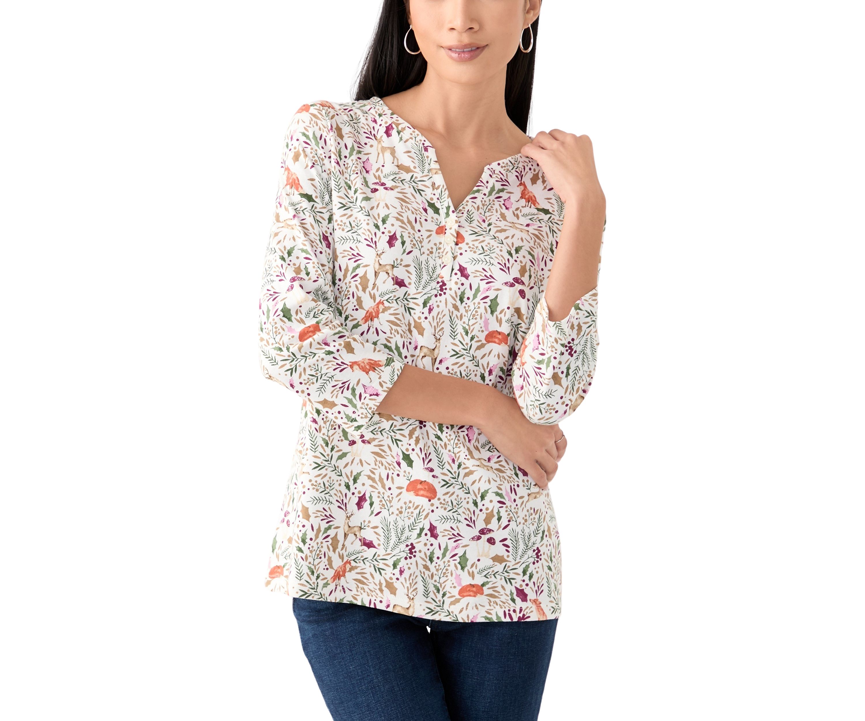 Womens 3/4 Sleeve Printed Henley Top 
