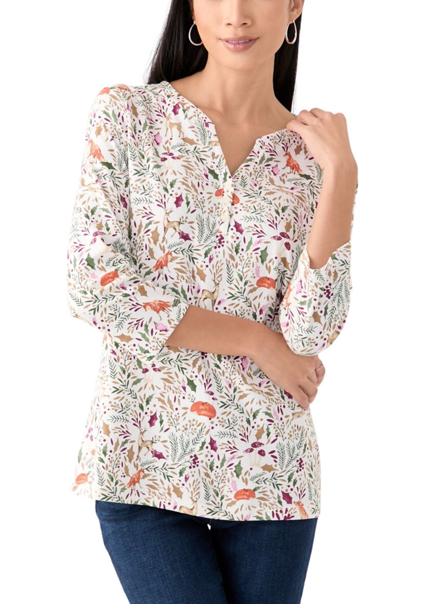 Womens 3/4 Sleeve Printed Henley Top 