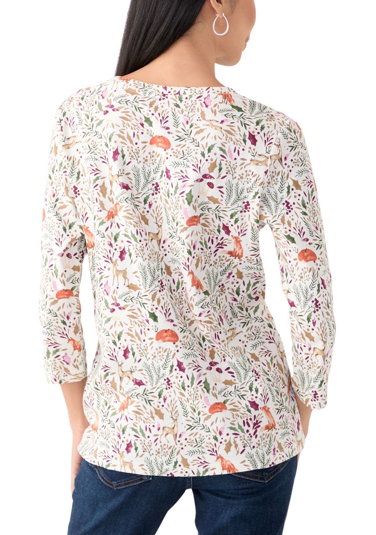 Womens 3/4 Sleeve Printed Henley Top 