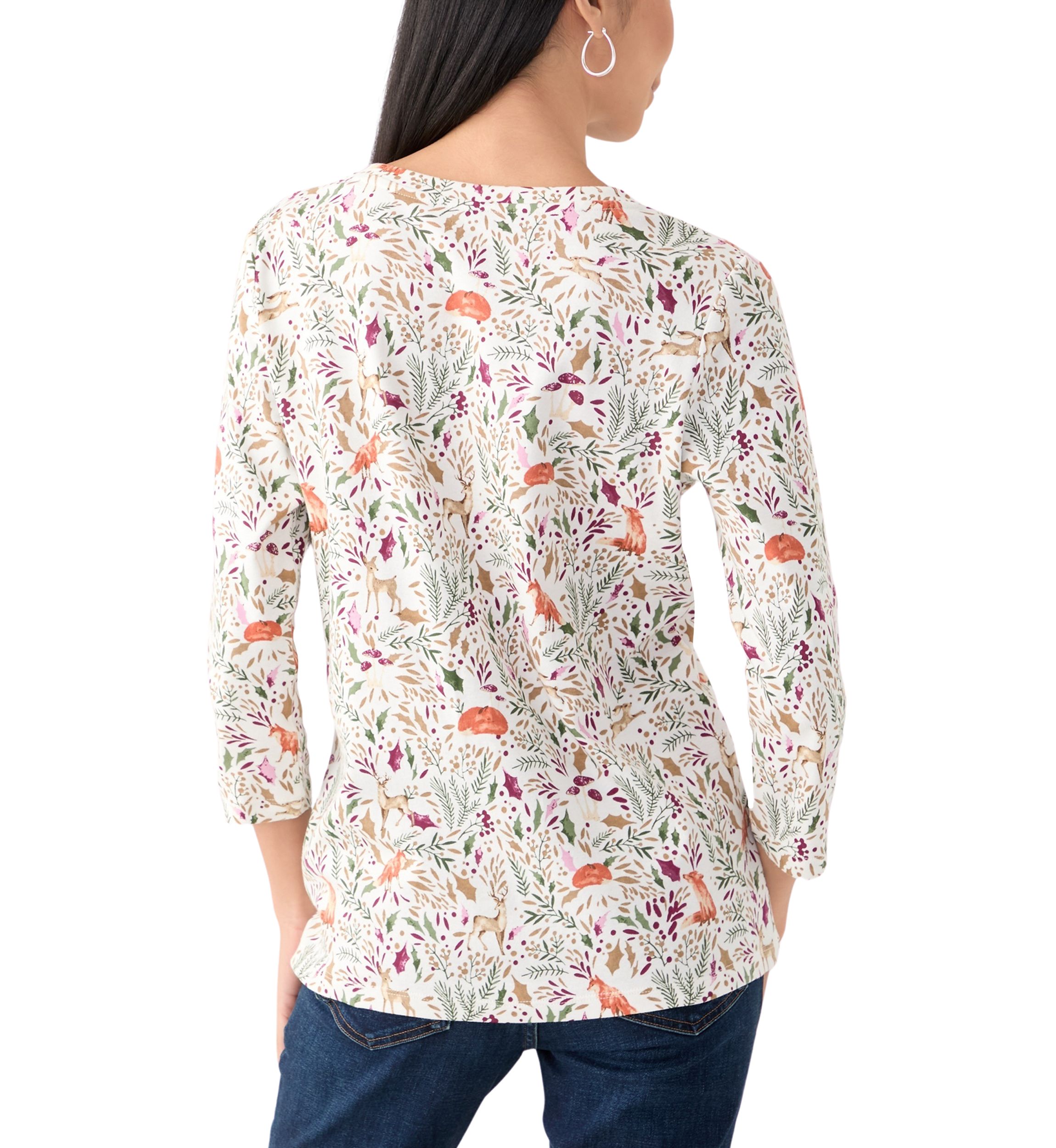 Womens 3/4 Sleeve Printed Henley Top 
