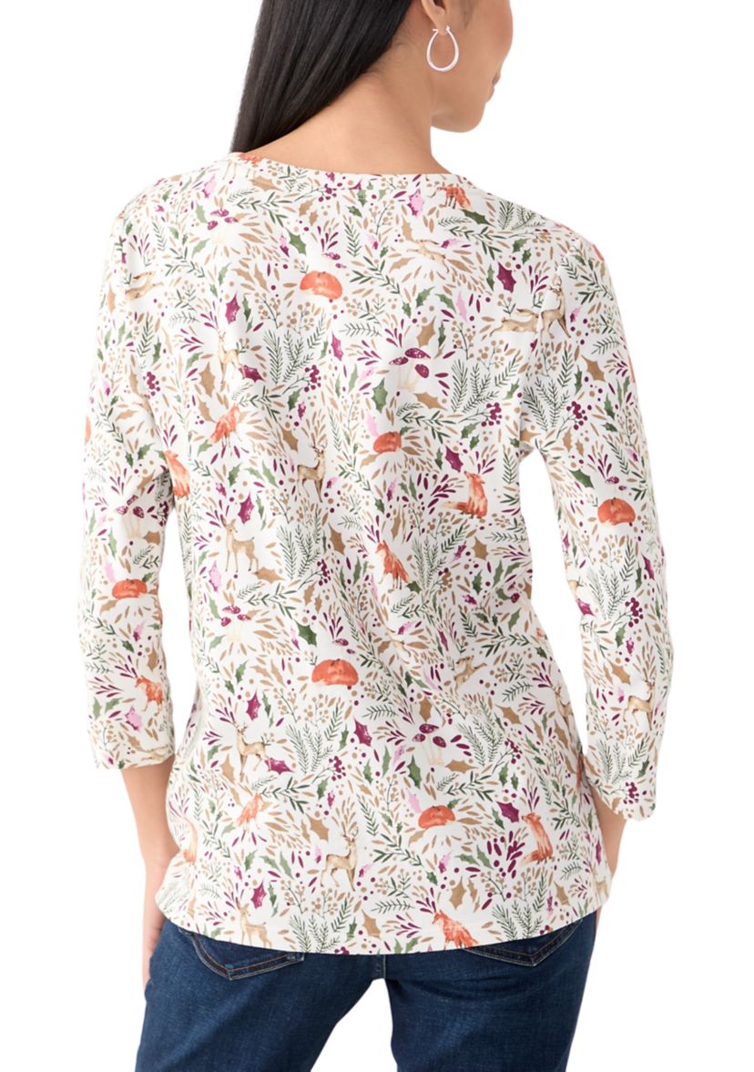 Womens 3/4 Sleeve Printed Henley Top 