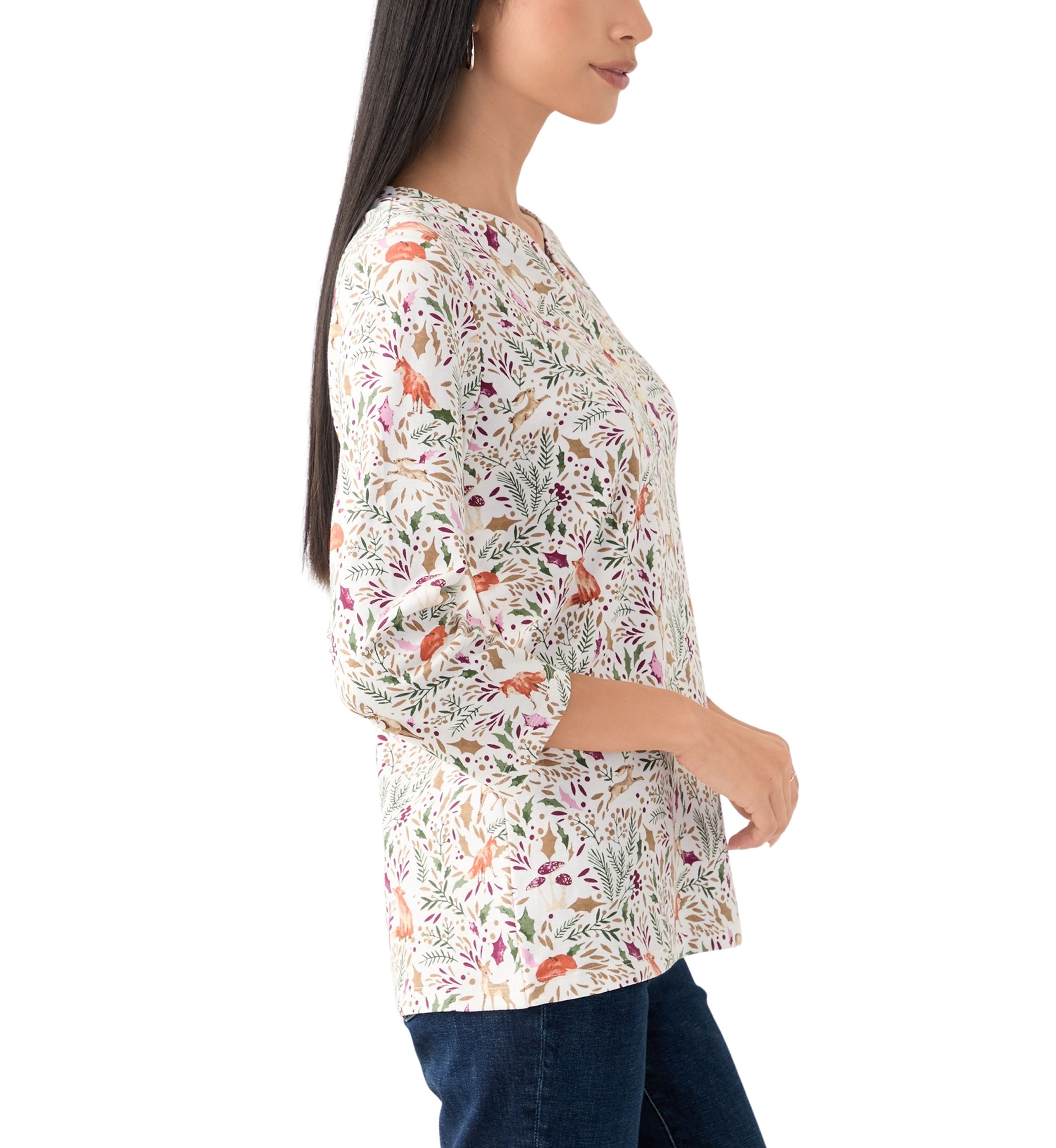 Womens 3/4 Sleeve Printed Henley Top 