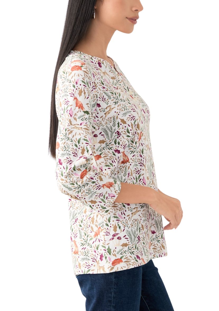 Womens 3/4 Sleeve Printed Henley Top 