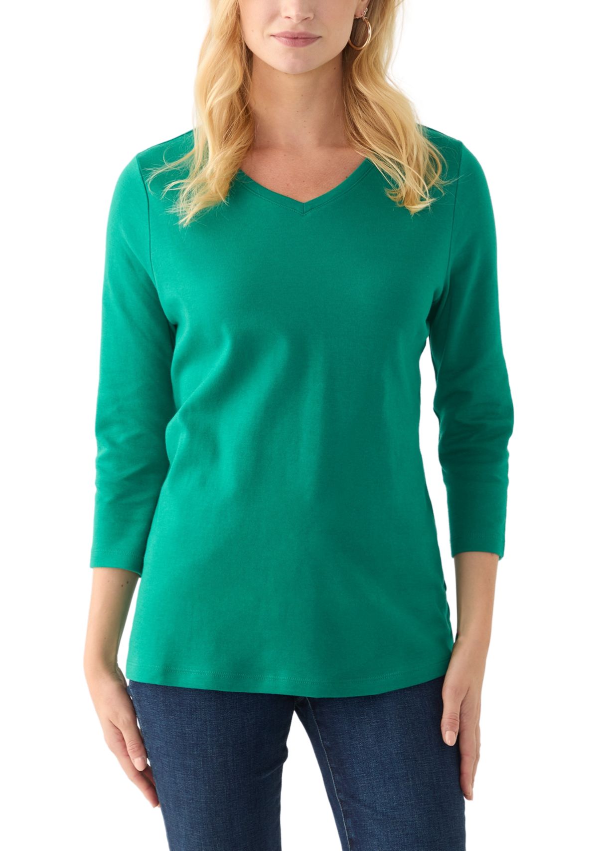 Womens 3/4 Sleeve V-Neck Solid Top