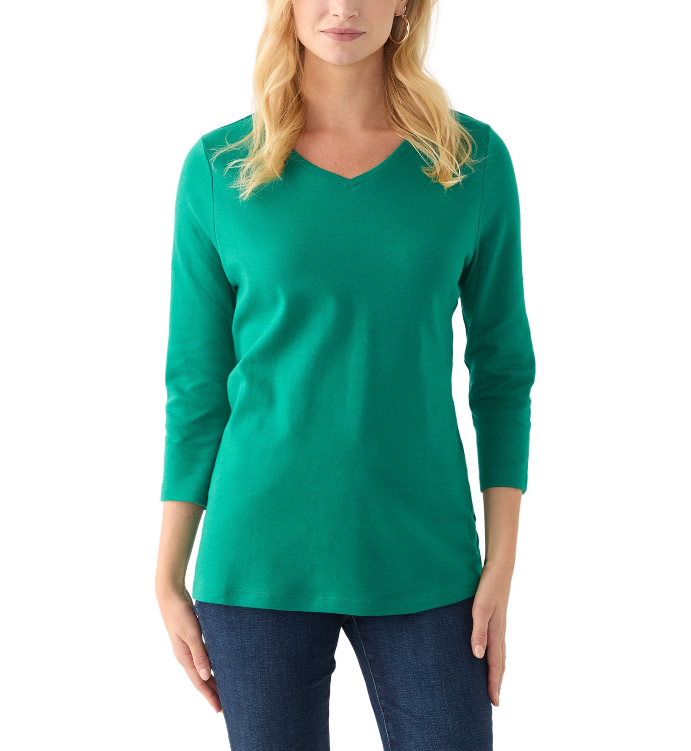 Womens 3/4 Sleeve V-Neck Solid Top