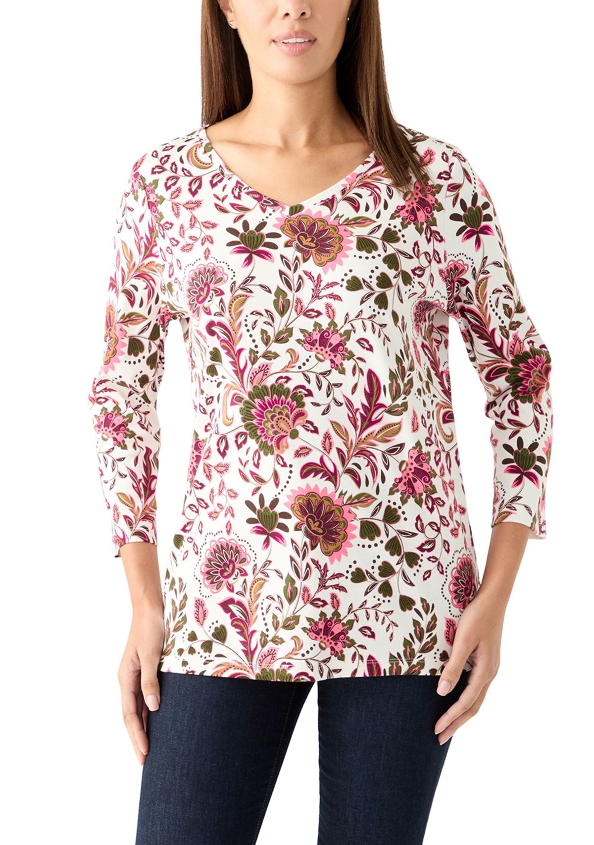 Womens 3/4 Sleeve V-Neck Printed Top