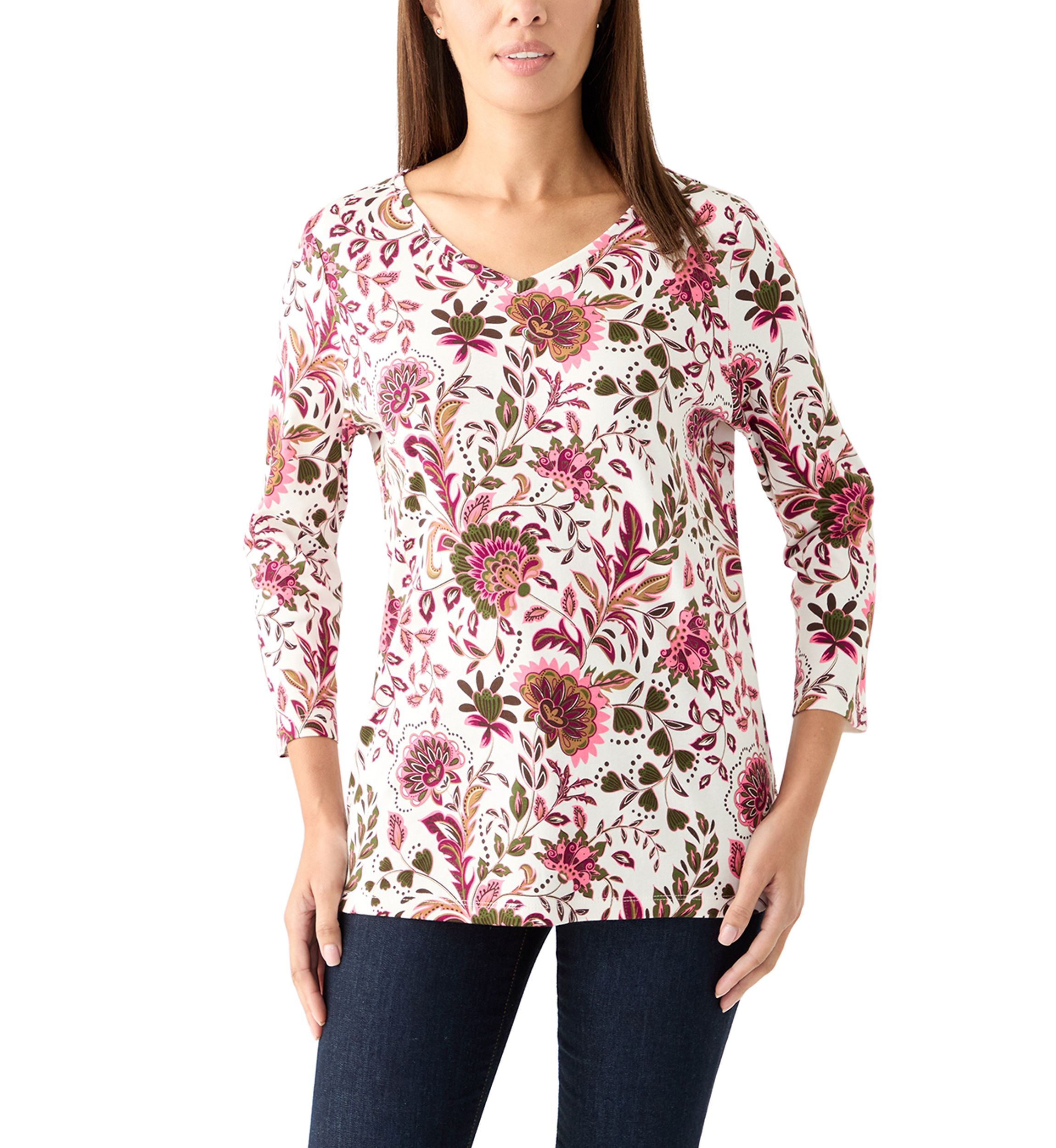Womens 3/4 Sleeve V-Neck Printed Top