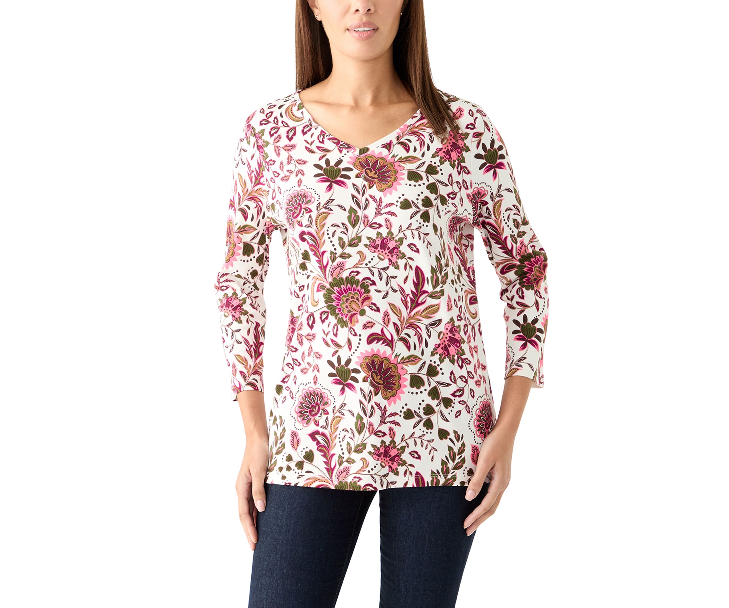Womens 3/4 Sleeve V-Neck Printed Top