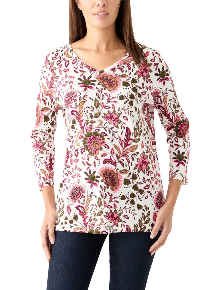 Womens 3/4 Sleeve V-Neck Printed Top