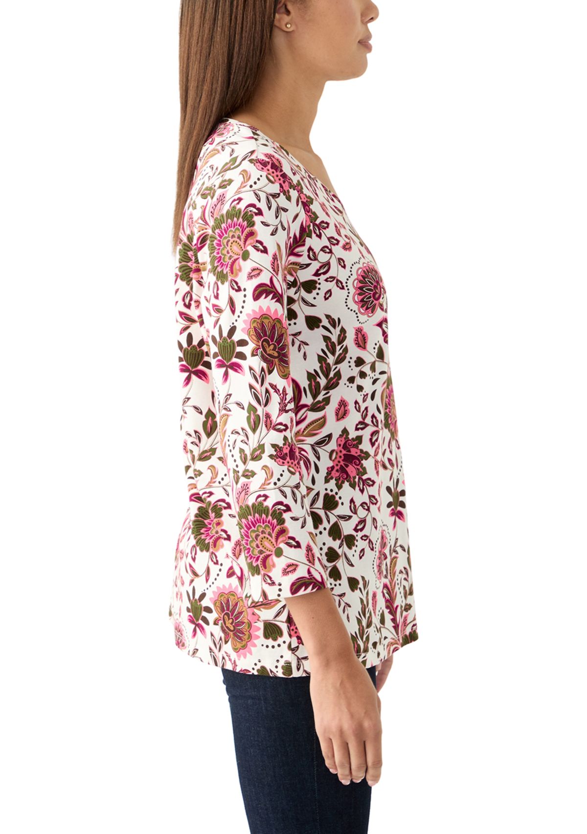 Womens 3/4 Sleeve V-Neck Printed Top