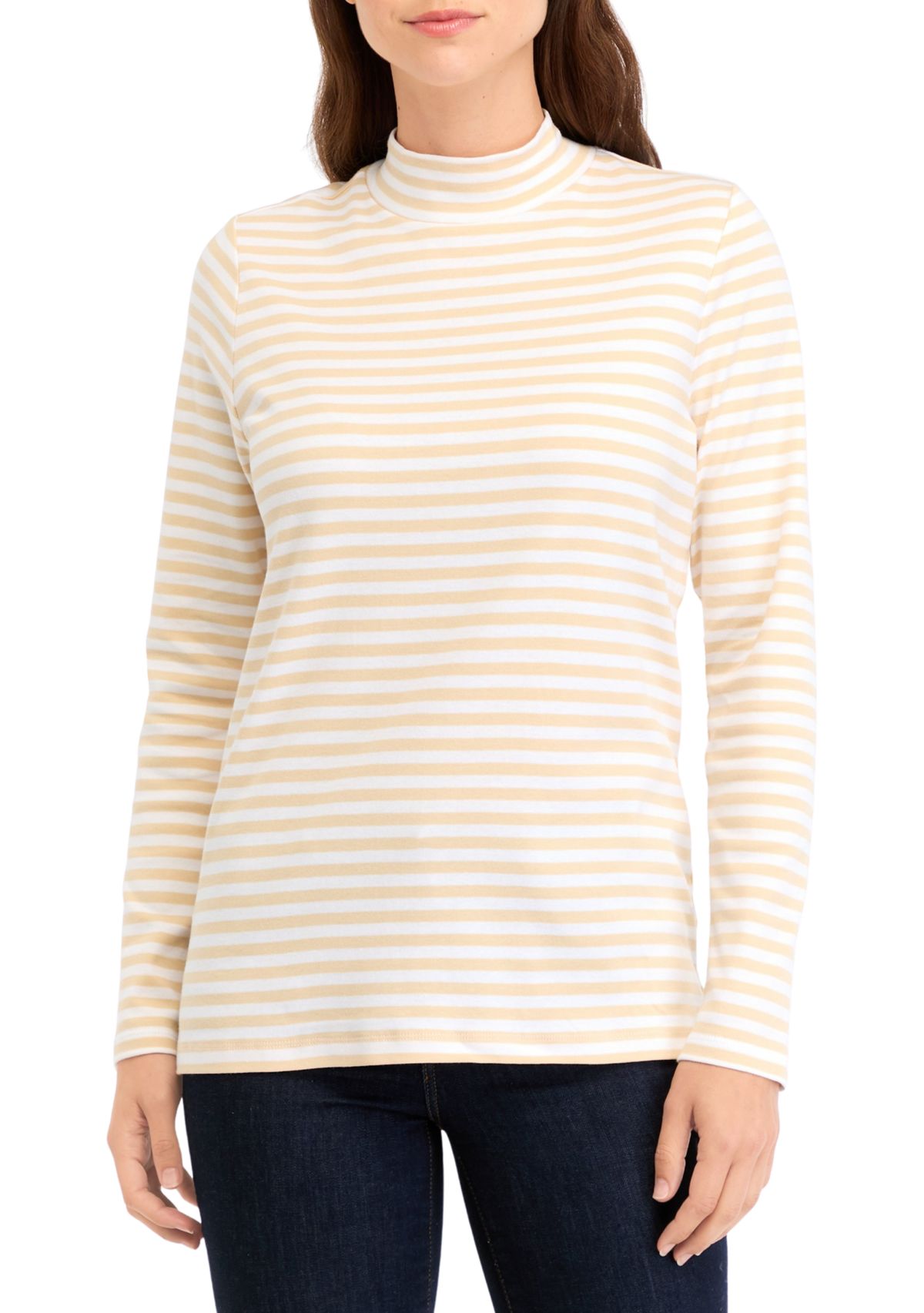 Womens Long Sleeve Mock Neck Yarn Dyed Stripe Top