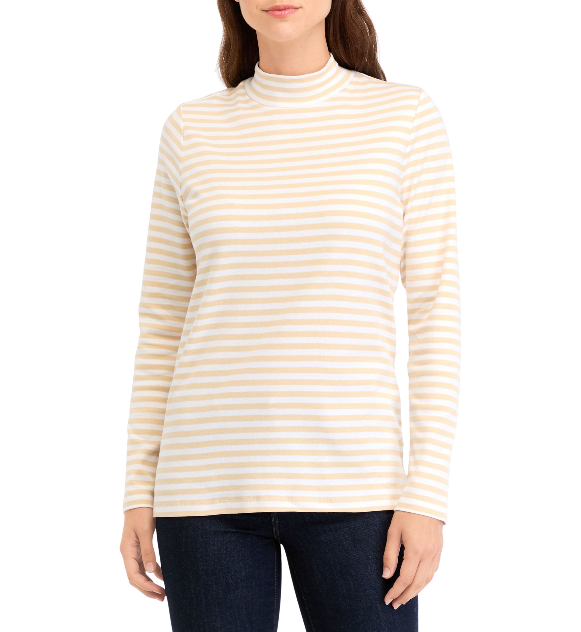 Womens Long Sleeve Mock Neck Yarn Dyed Stripe Top