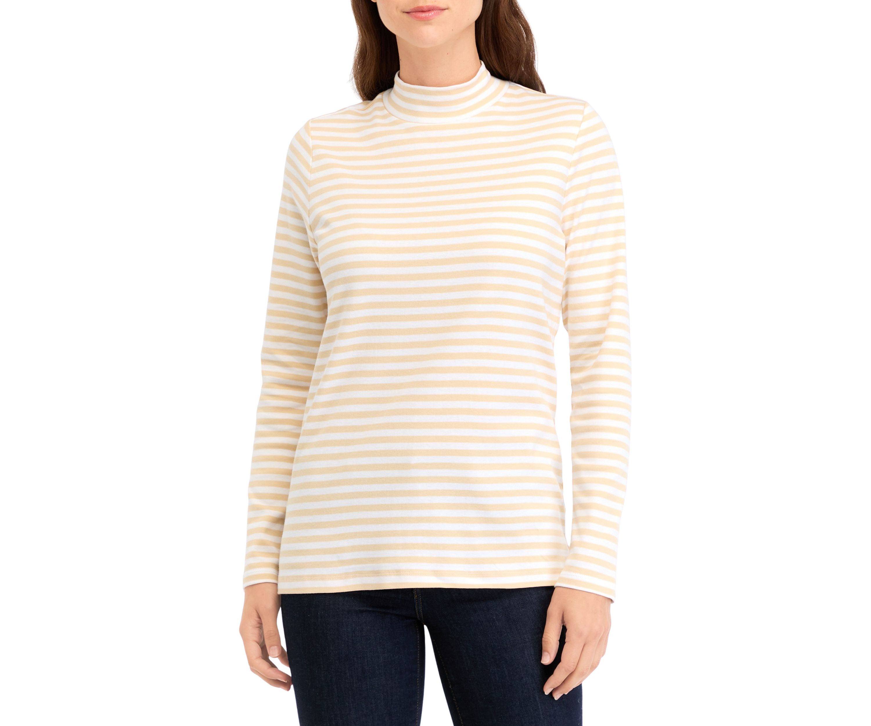 Womens Long Sleeve Mock Neck Yarn Dyed Stripe Top