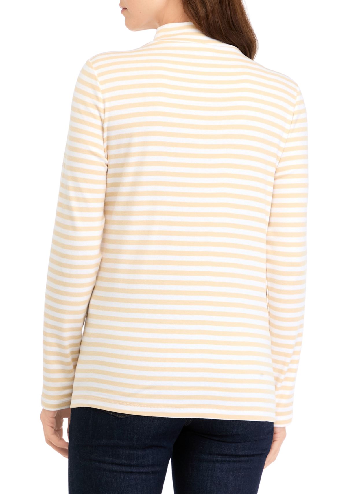 Womens Long Sleeve Mock Neck Yarn Dyed Stripe Top