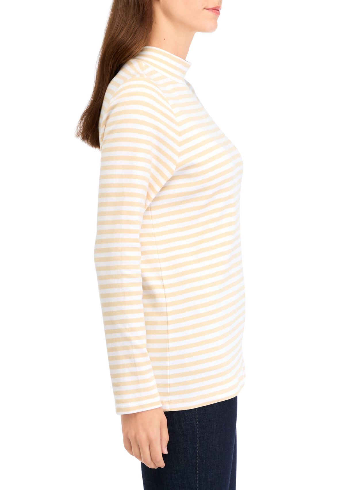 Womens Long Sleeve Mock Neck Yarn Dyed Stripe Top