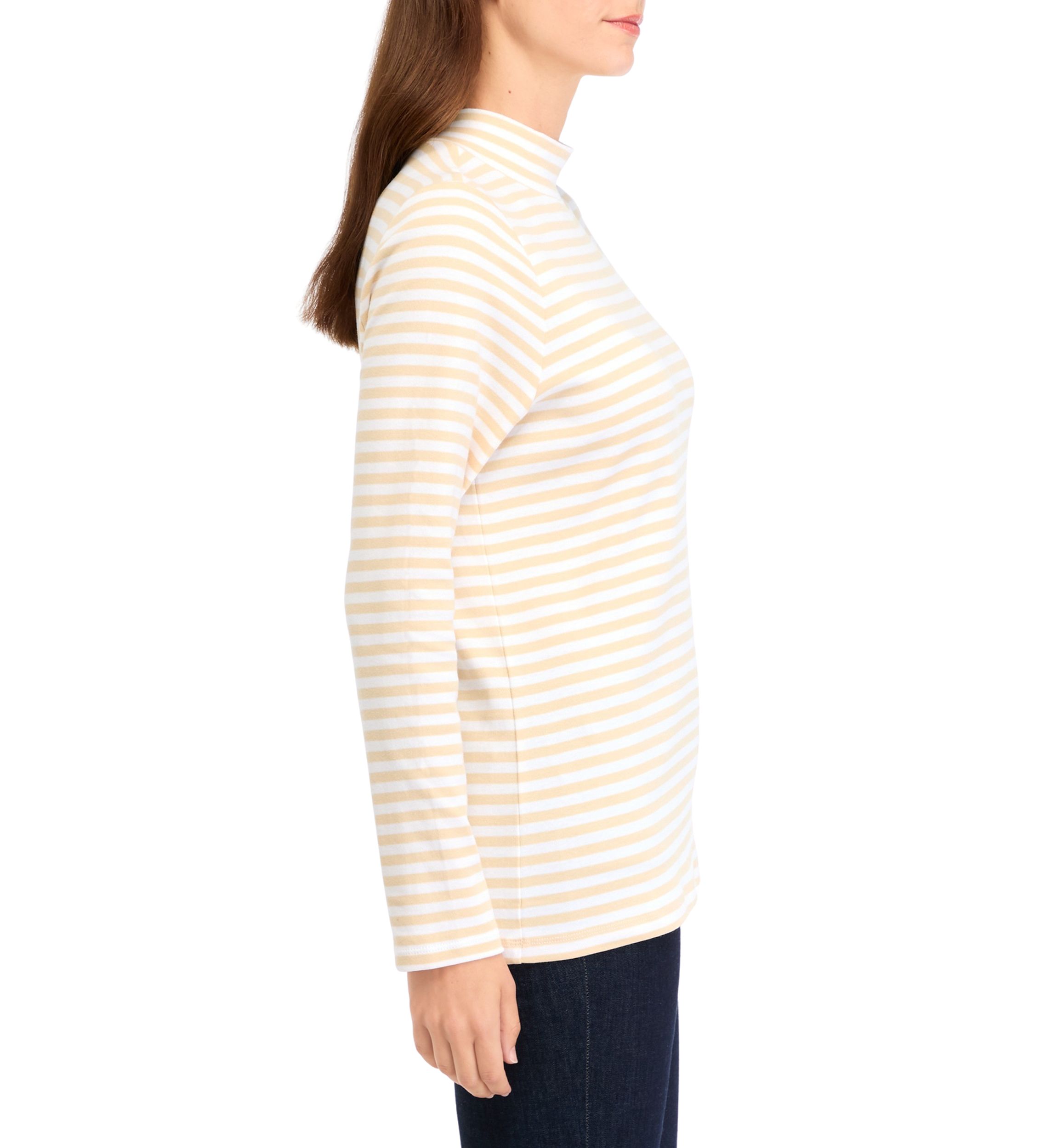Womens Long Sleeve Mock Neck Yarn Dyed Stripe Top