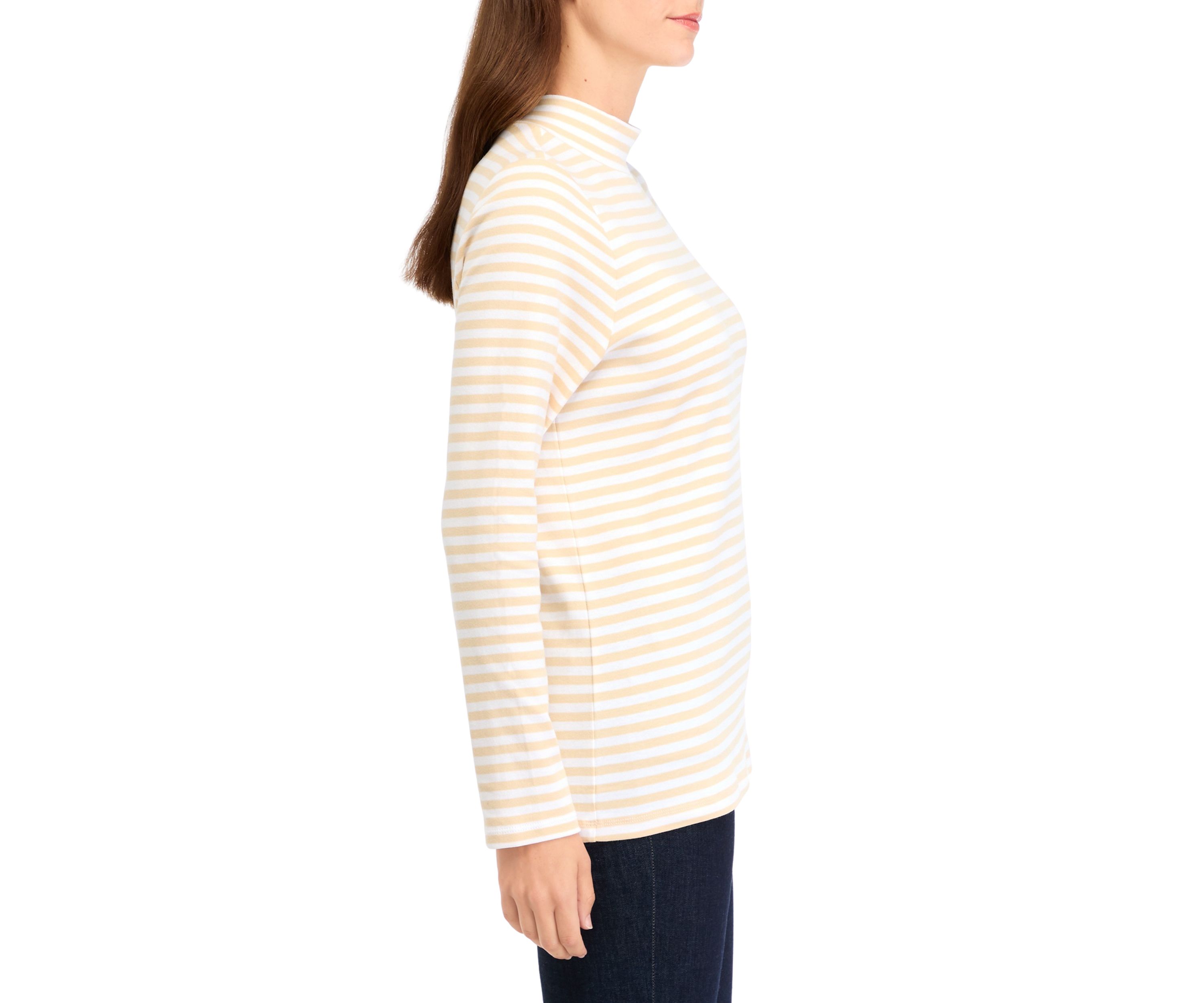 Womens Long Sleeve Mock Neck Yarn Dyed Stripe Top