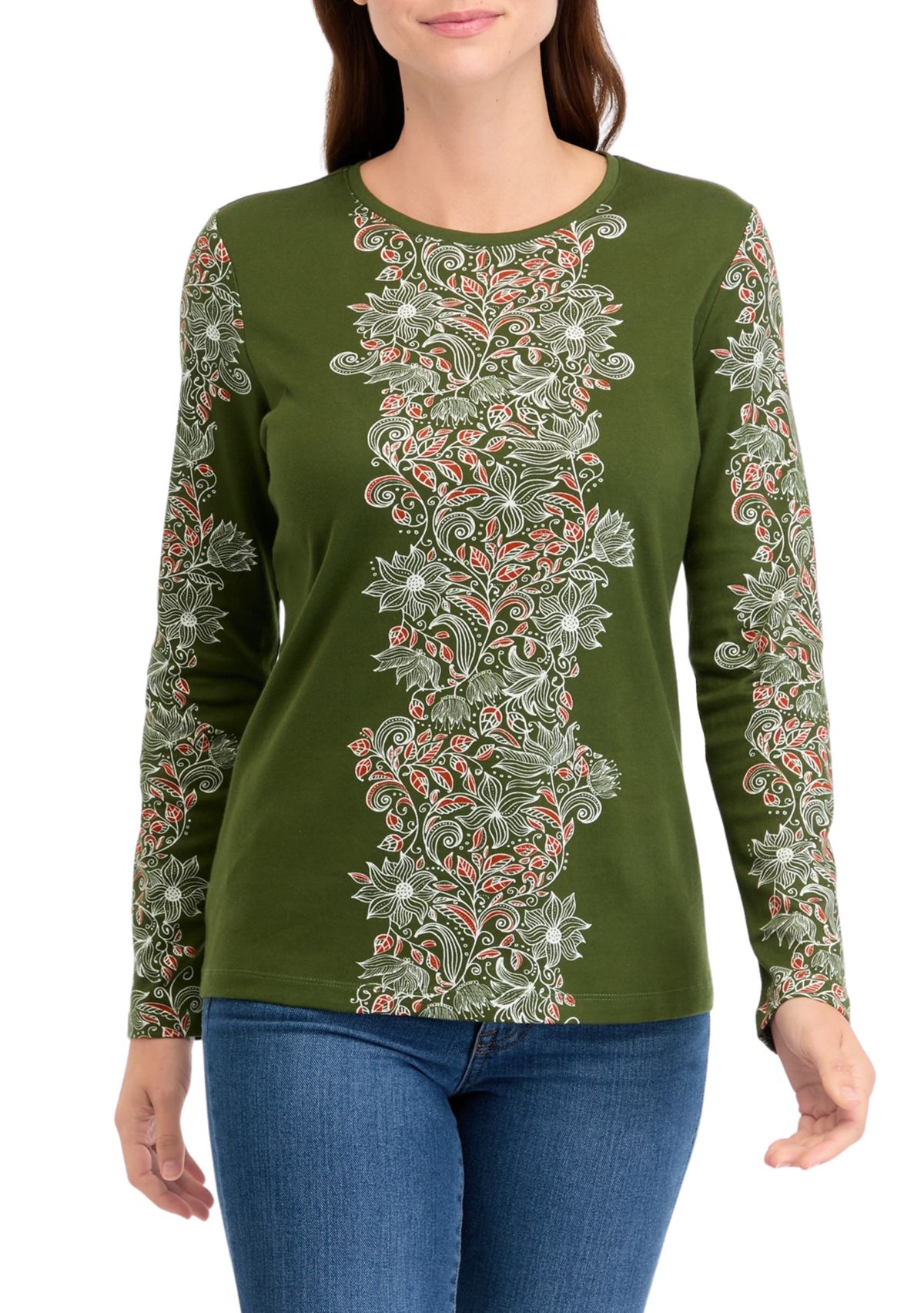Womens Long Sleeve Crew Neck Placement Print Top
