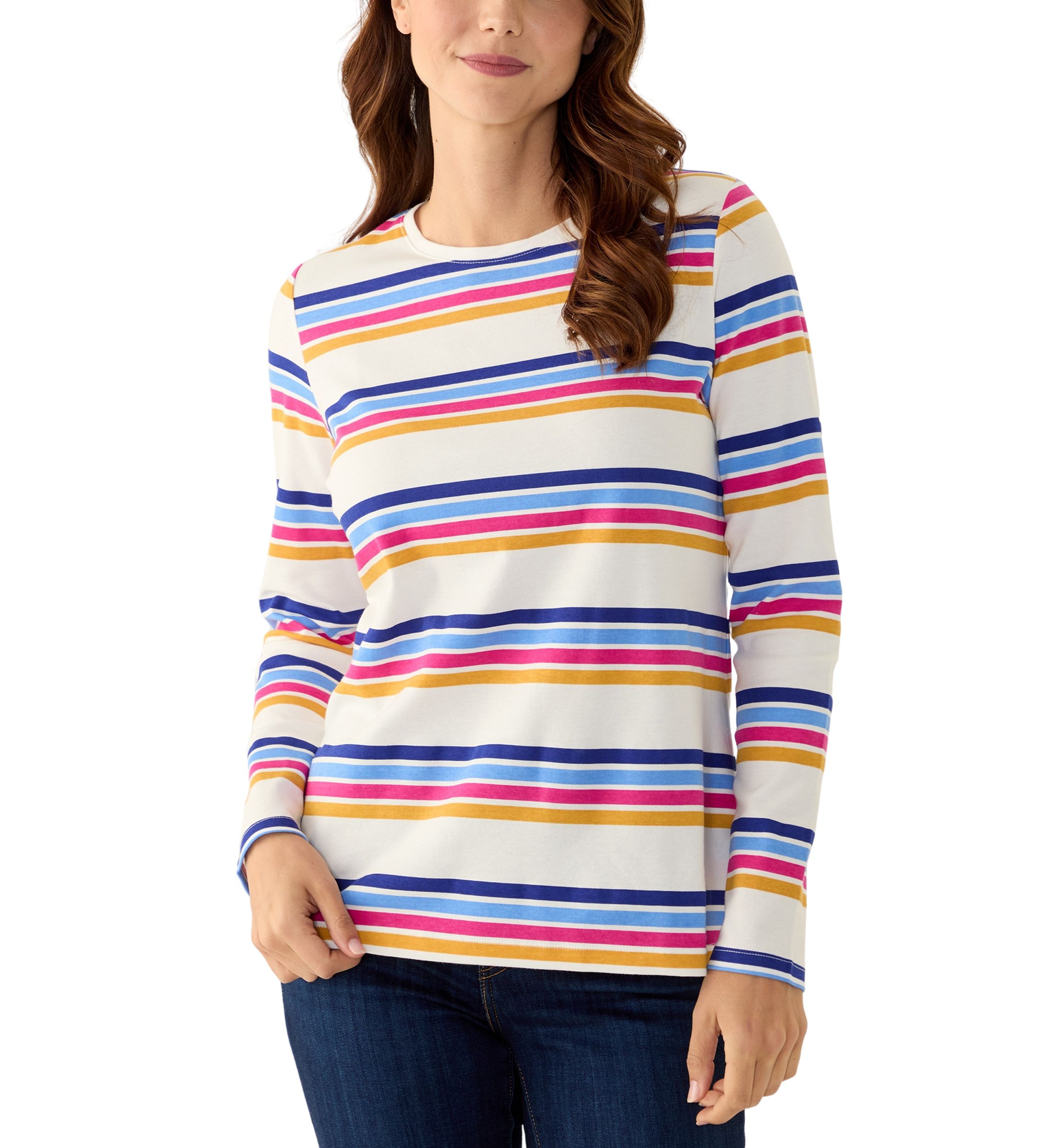 Womens Long Sleeve Crew Neck Stripe Print T-Shirts
