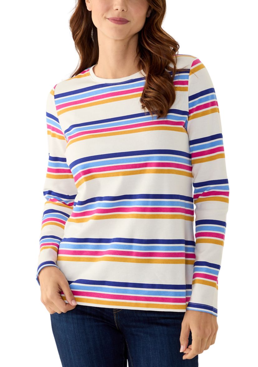 Womens Long Sleeve Crew Neck Stripe Print T-Shirts