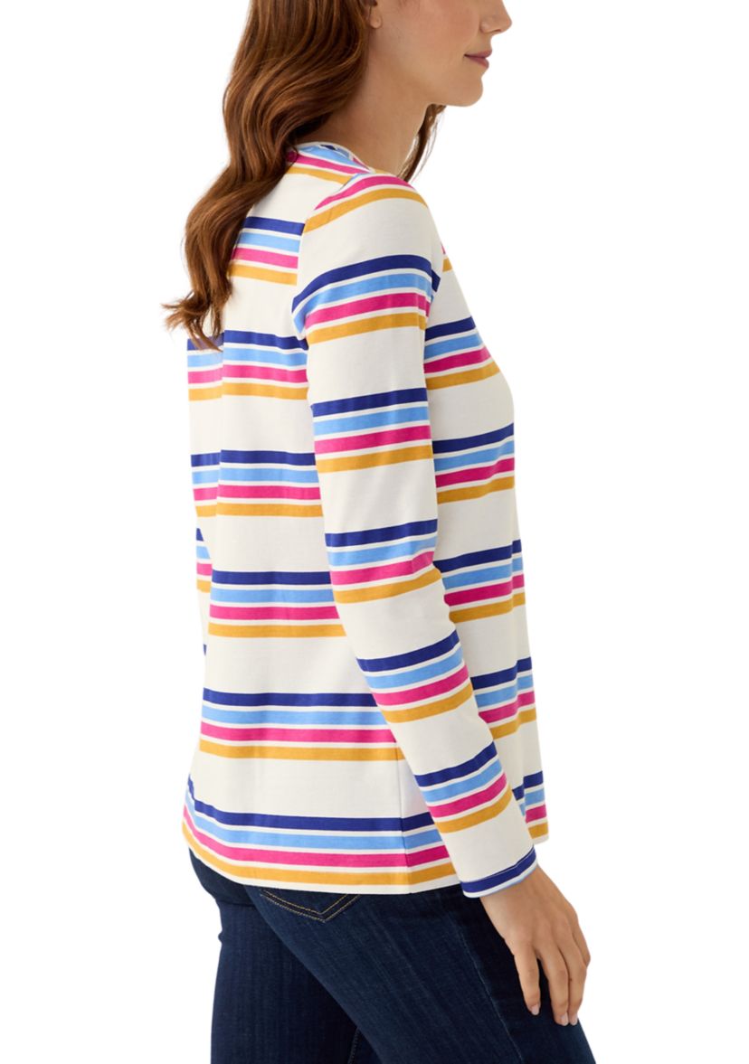 Womens Long Sleeve Crew Neck Stripe Print T-Shirts