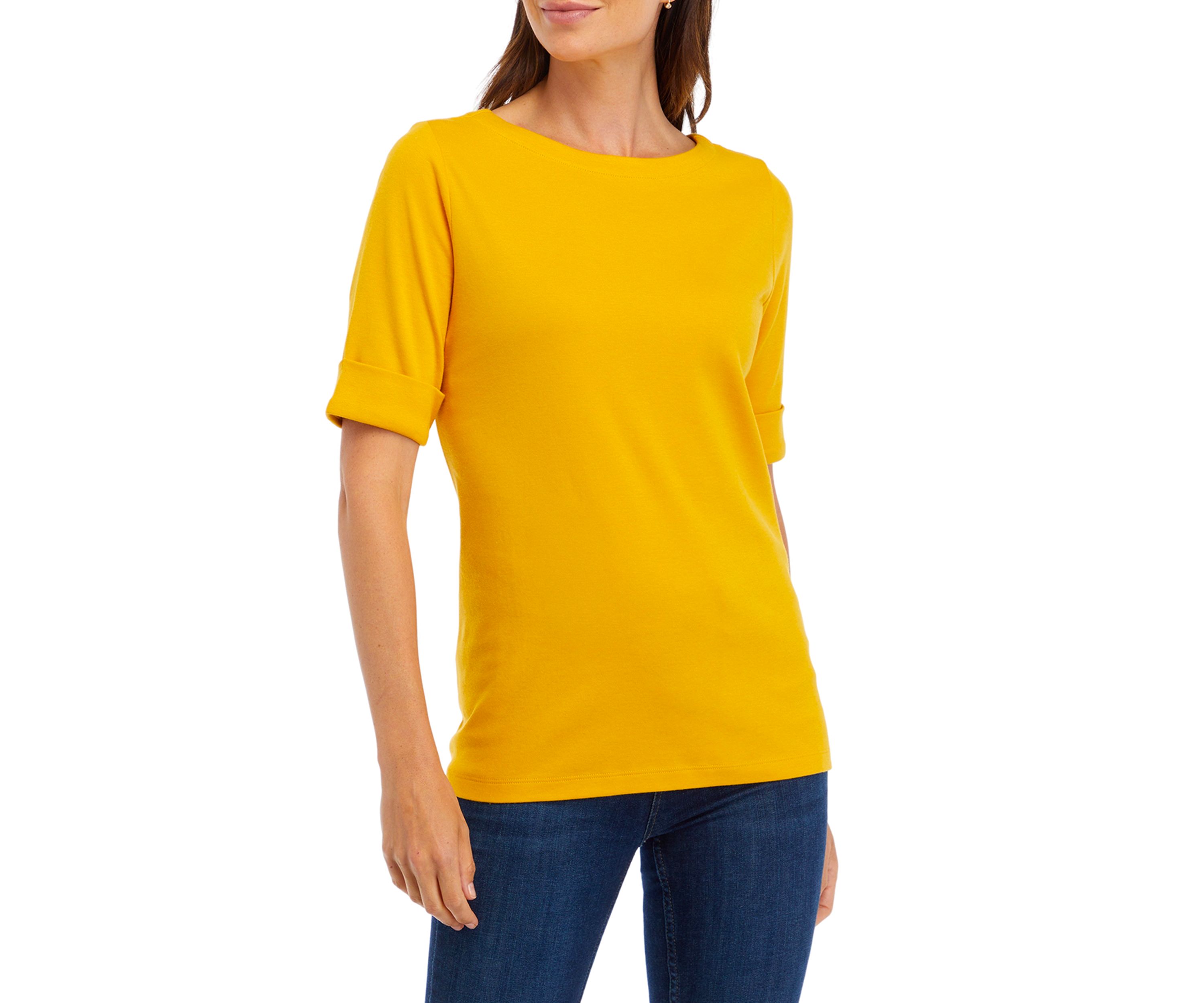Womens Elbow Sleeve Boat Neck T-Shirt