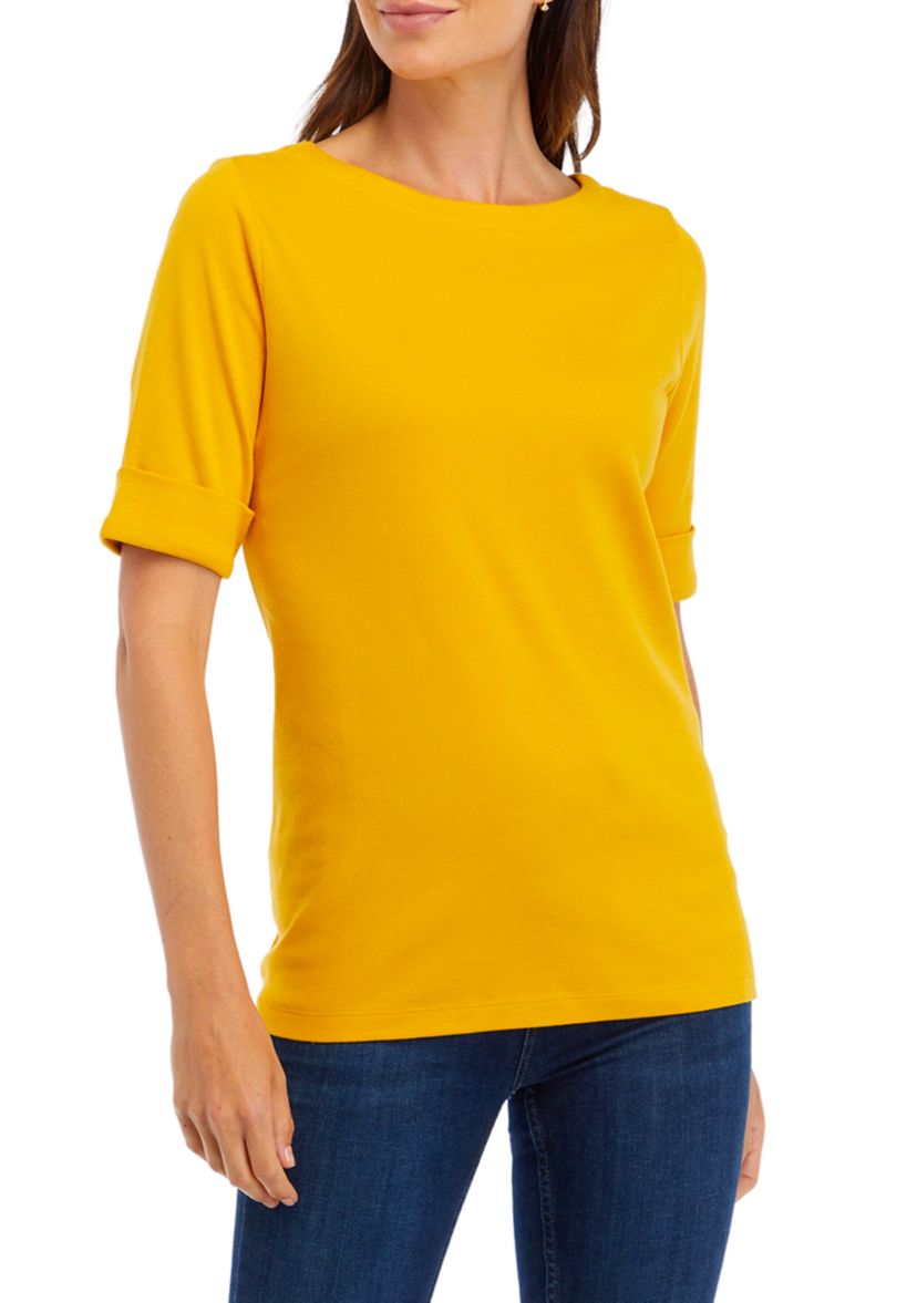 Womens Elbow Sleeve Boat Neck T-Shirt