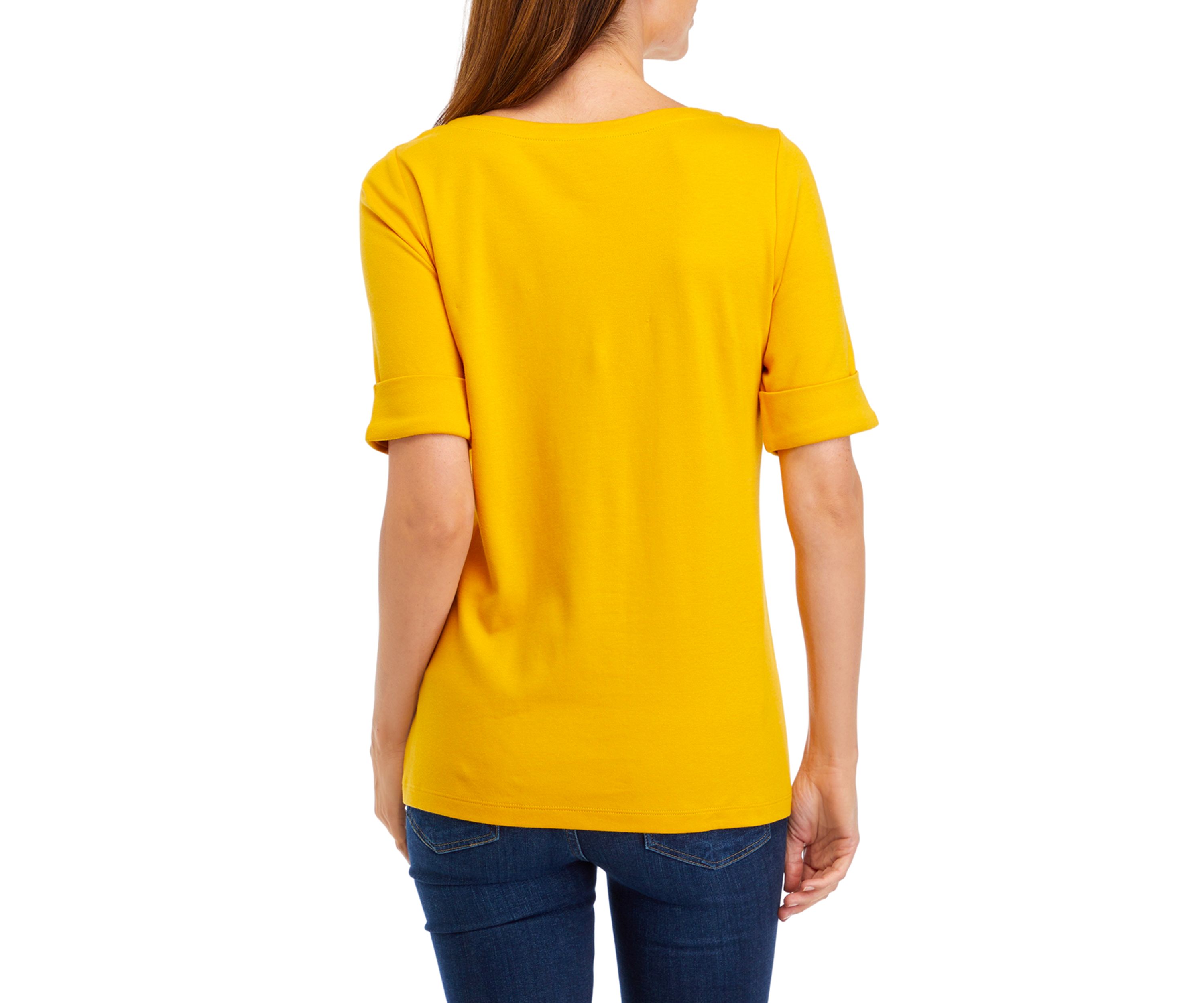 Womens Elbow Sleeve Boat Neck T-Shirt