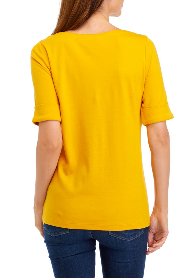 Womens Elbow Sleeve Boat Neck T-Shirt