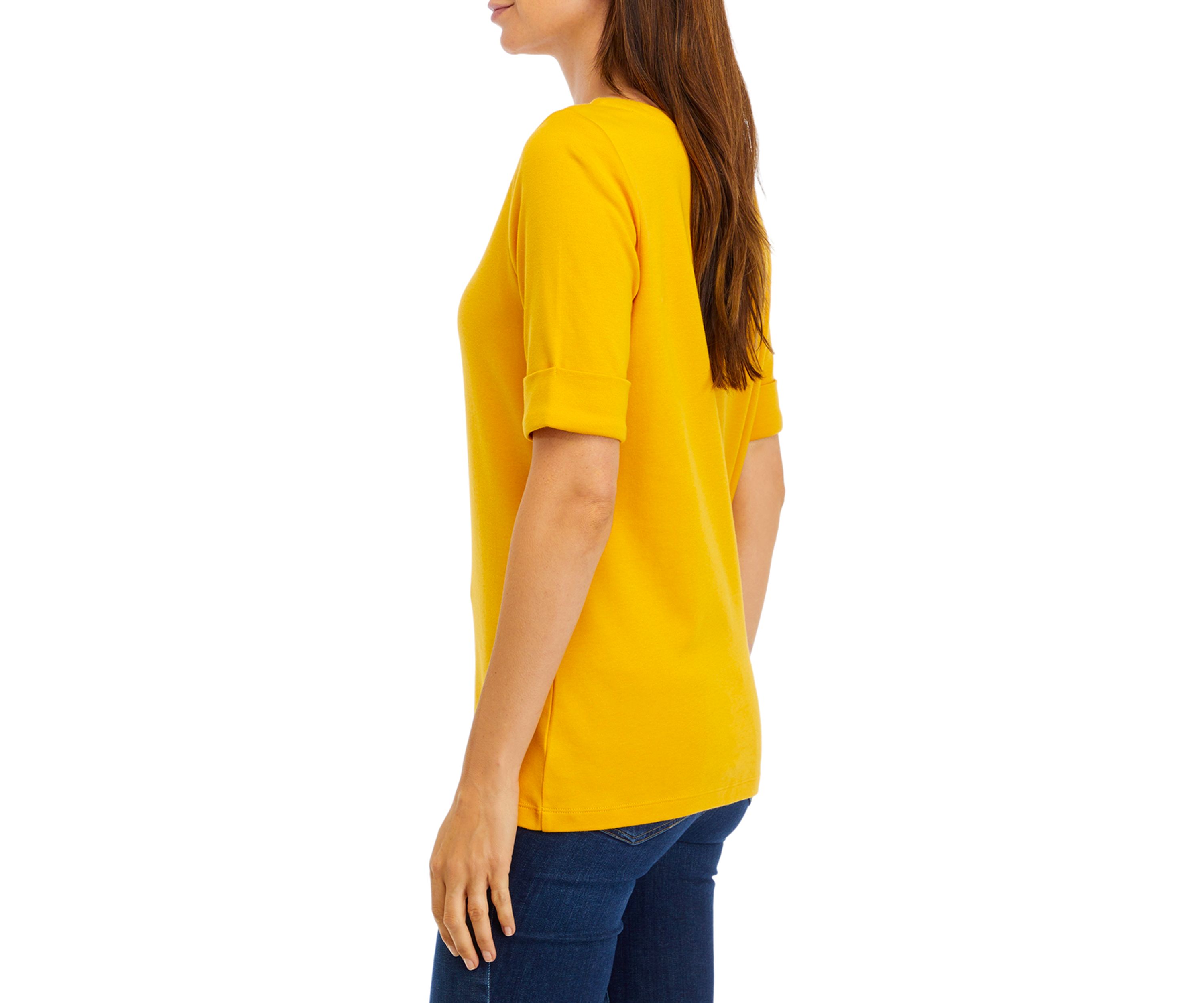Womens Elbow Sleeve Boat Neck T-Shirt