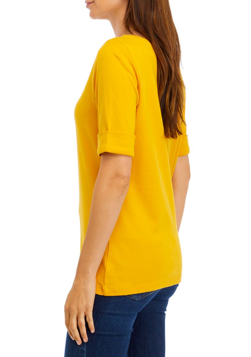 Womens Elbow Sleeve Boat Neck T-Shirt
