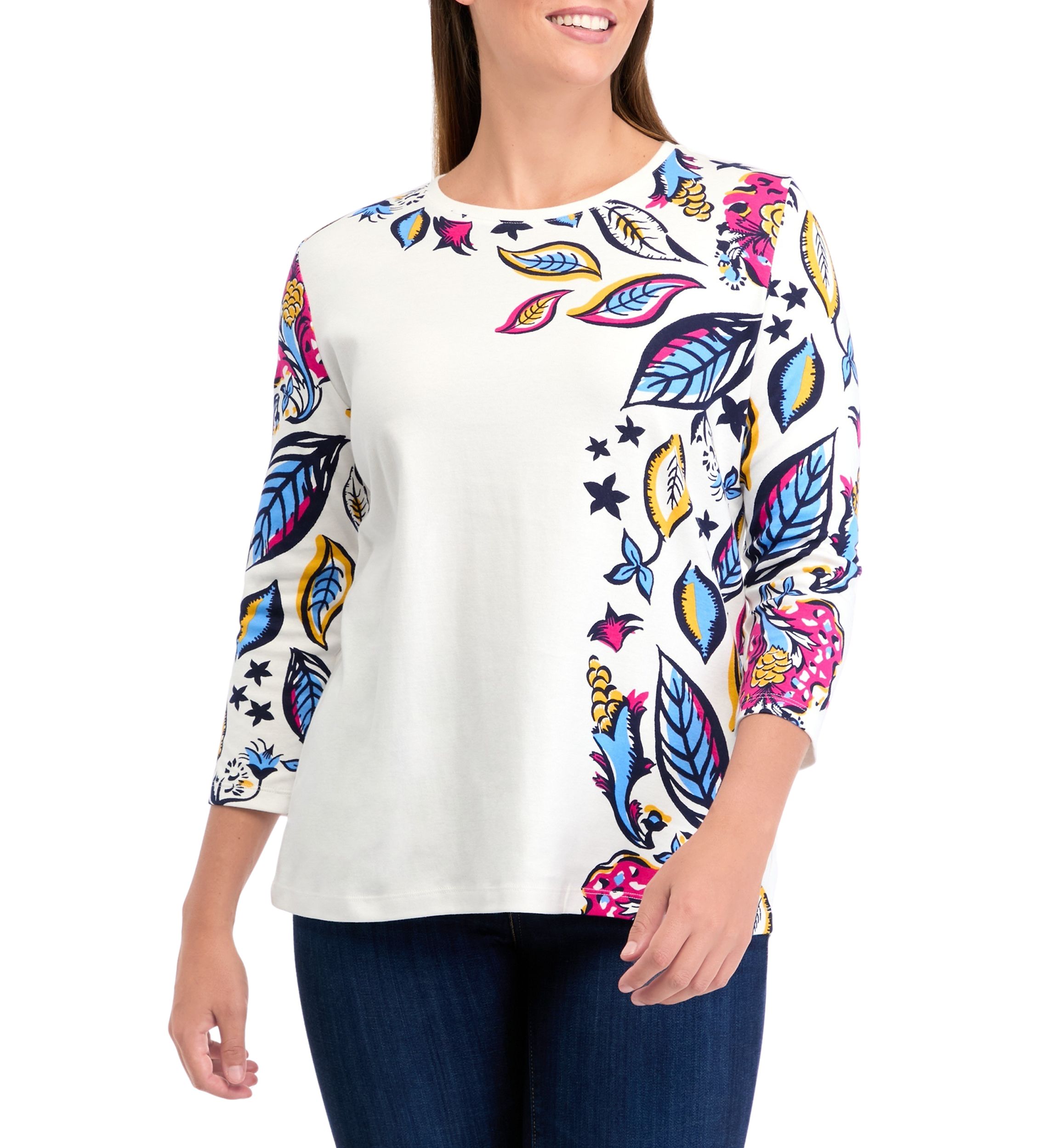 Womens 3/4 Sleeve Placement Print Top