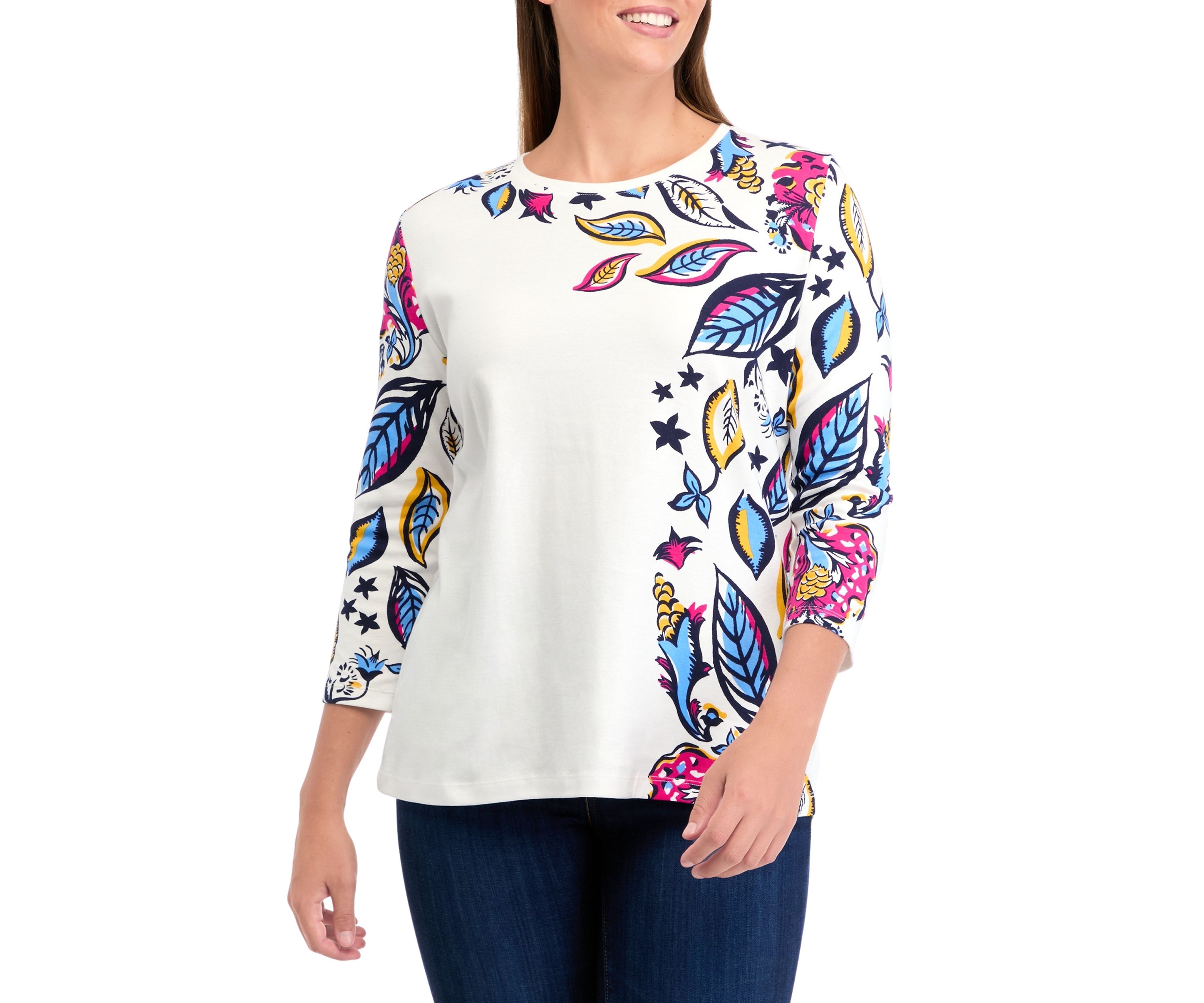 Womens 3/4 Sleeve Placement Print Top