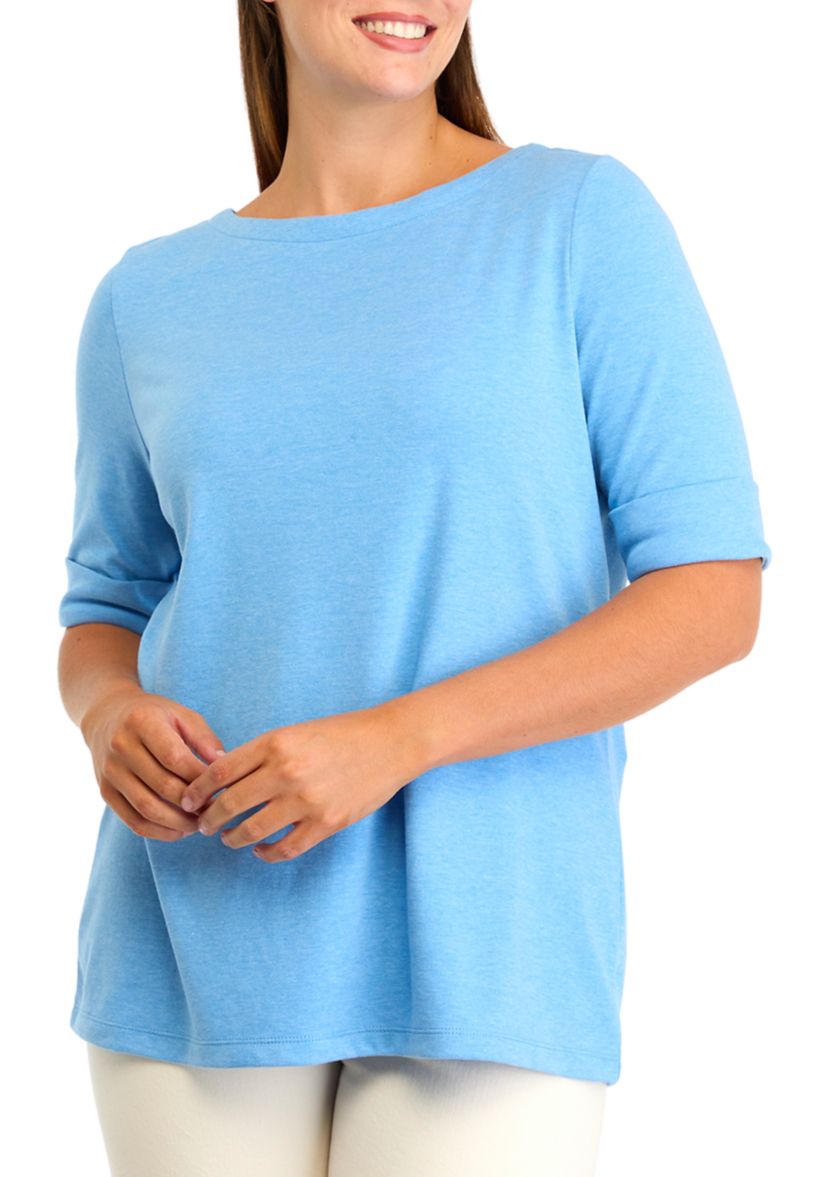 Womens Elbow Sleeve Boat Neck Heather Top