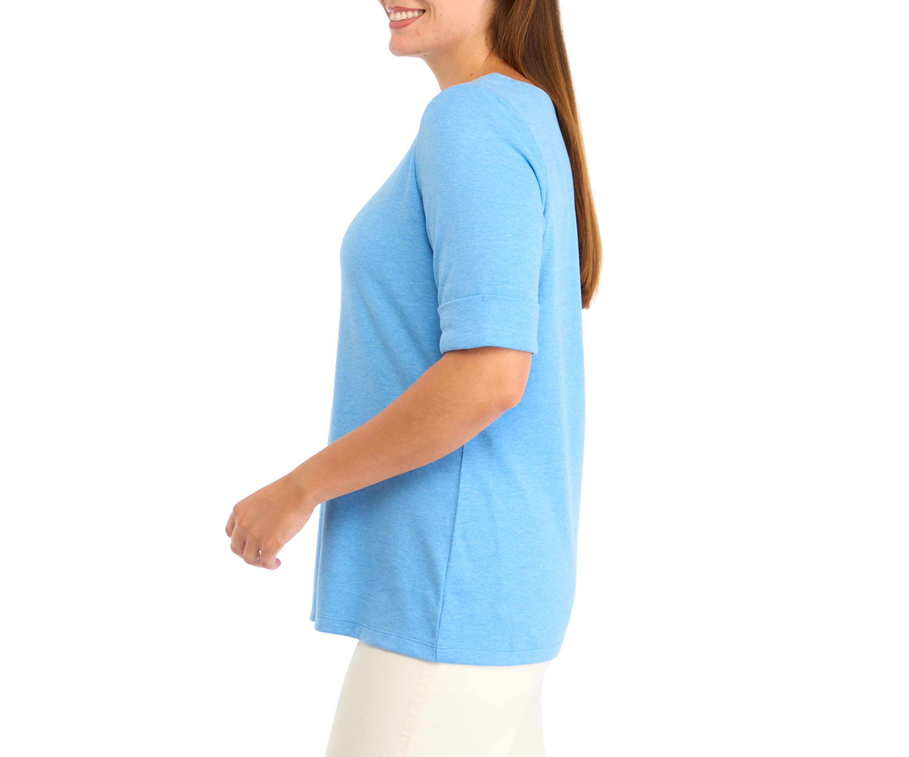 Womens Elbow Sleeve Boat Neck Heather Top