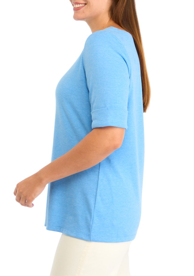Womens Elbow Sleeve Boat Neck Heather Top