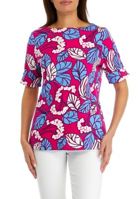 Kim Rogers Women's Printed Boat Neck Top, Pink, Small