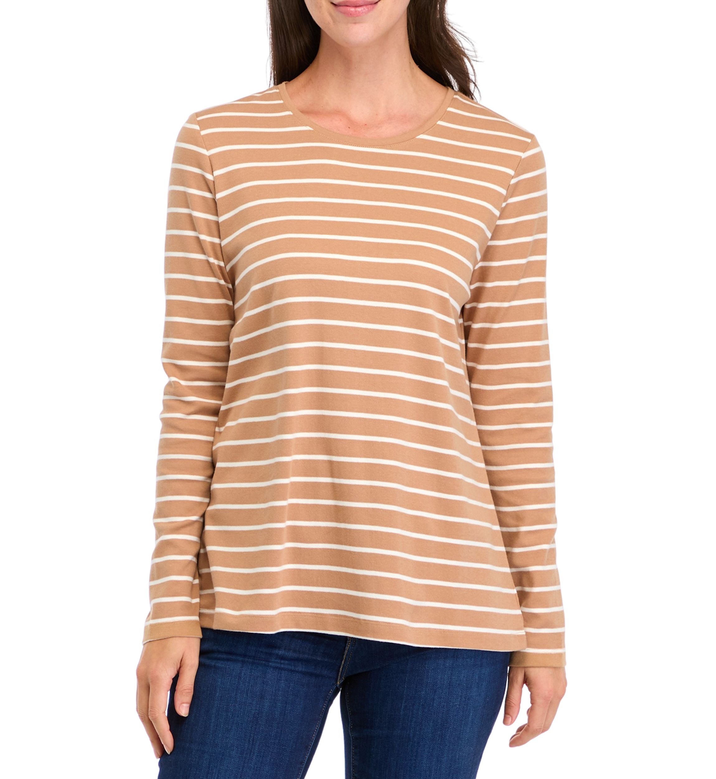 Womens Long Sleeve Striped Crew Neck T-Shirt