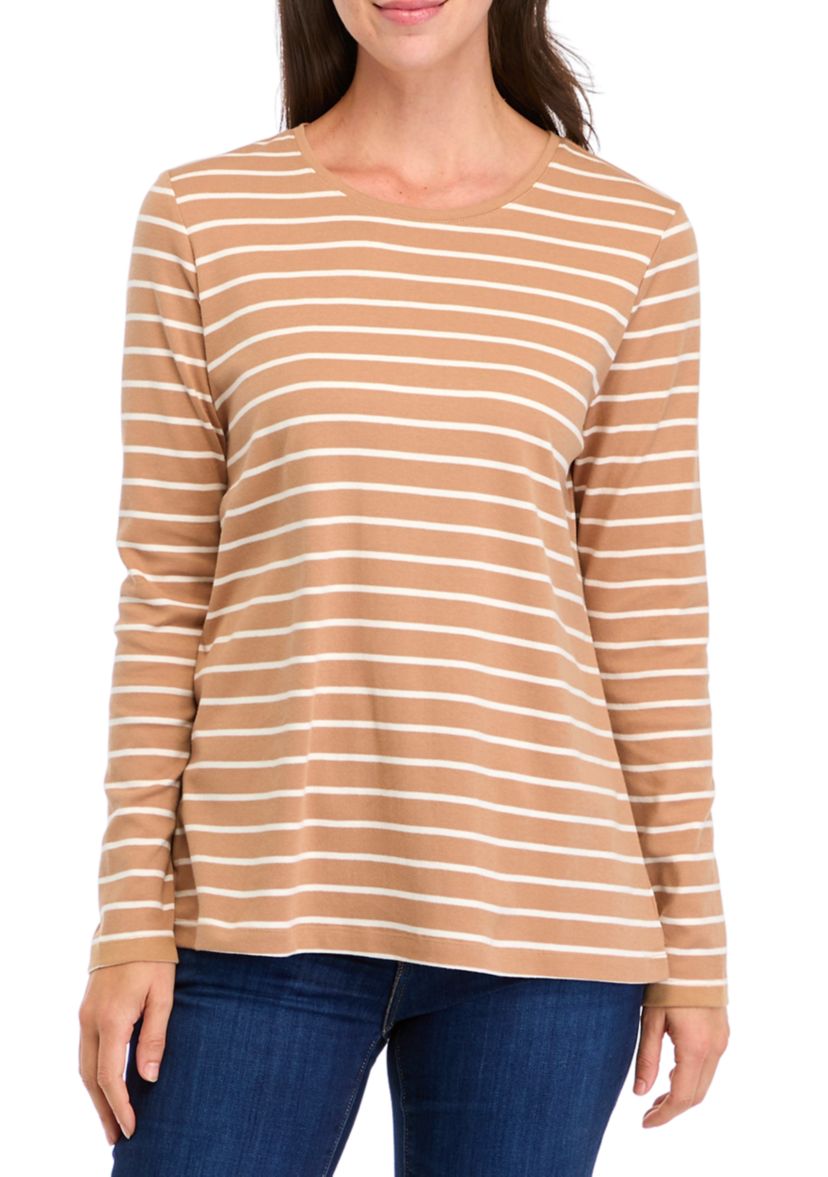 Womens Long Sleeve Striped Crew Neck T-Shirt