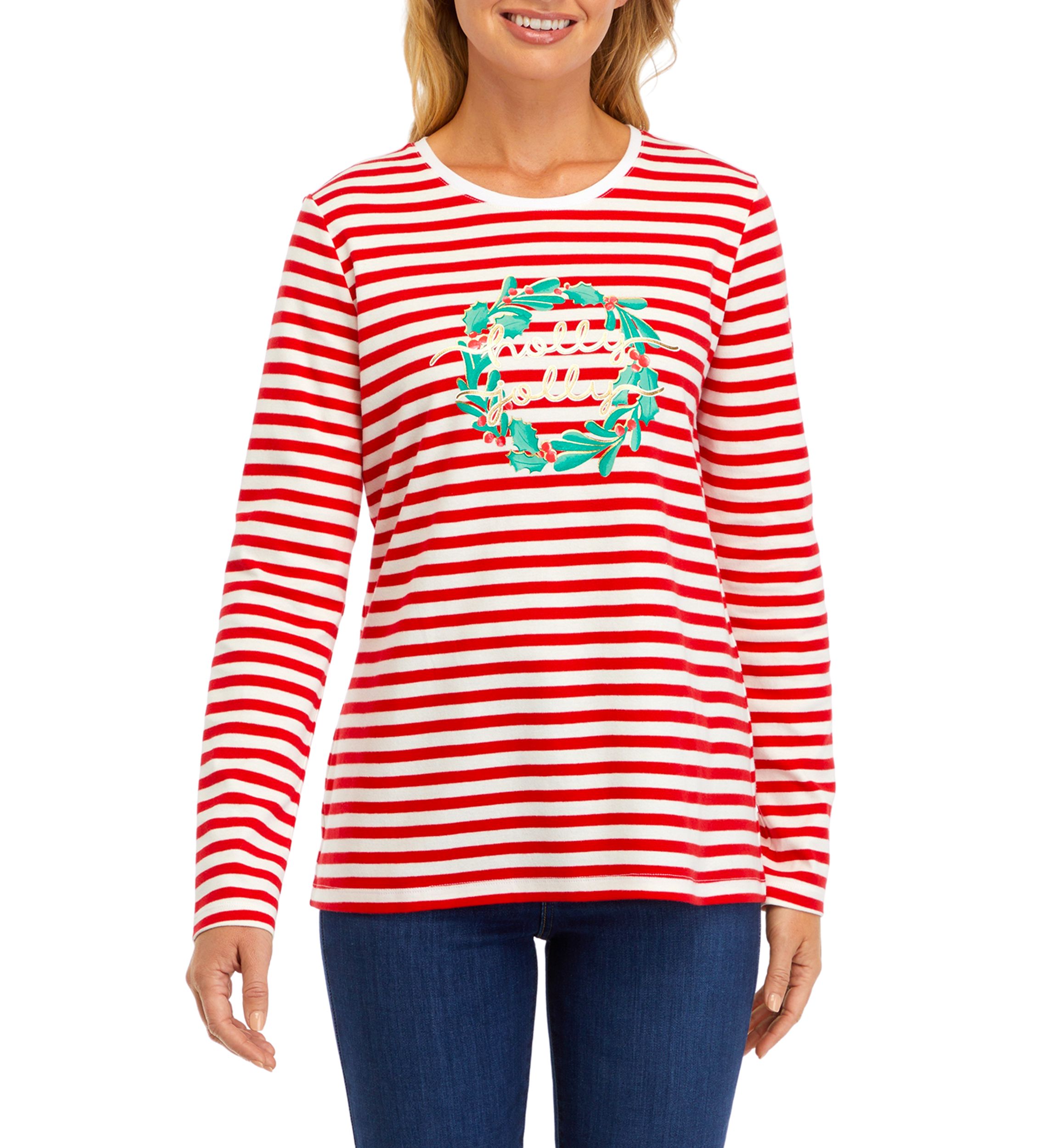 Womens Long Sleeve Striped Holiday Graphic T-Shirt