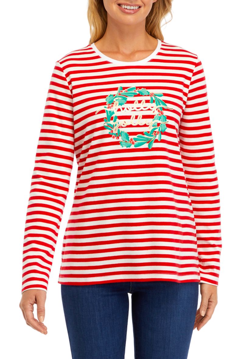 Womens Long Sleeve Striped Holiday Graphic T-Shirt