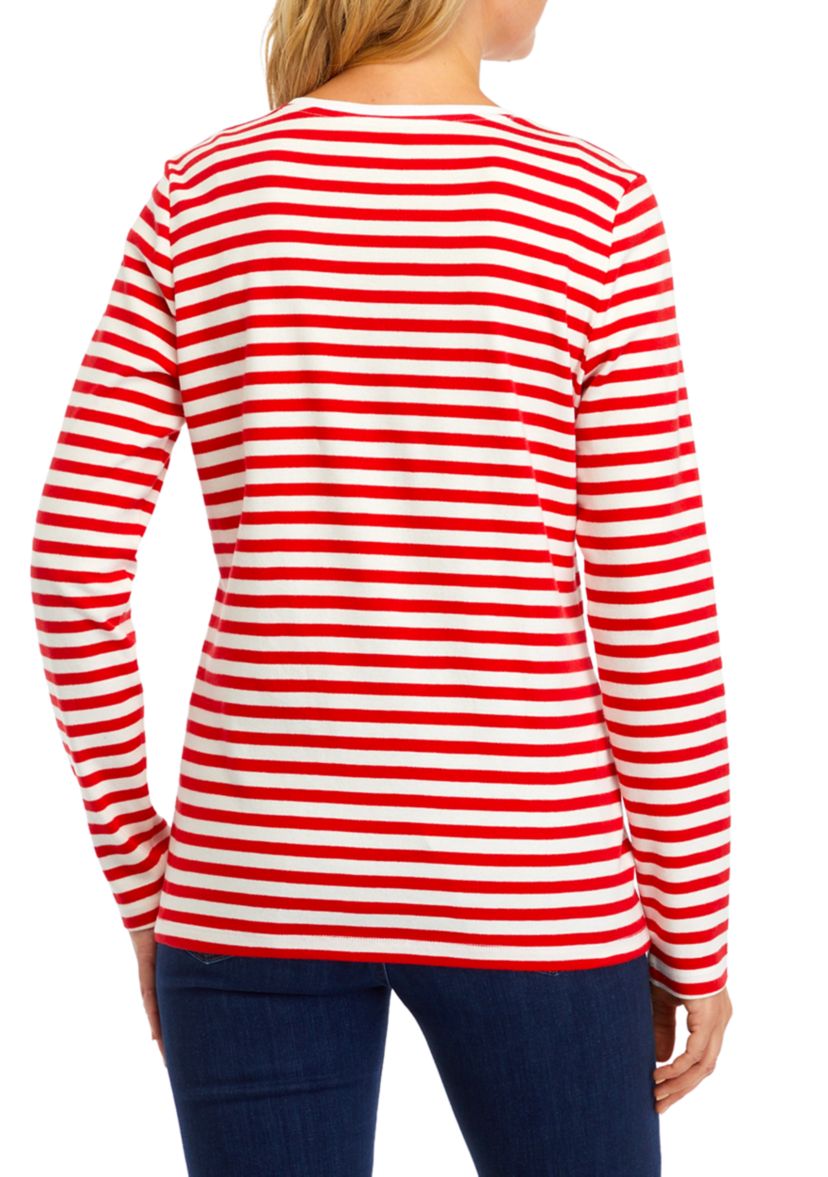 Womens Long Sleeve Striped Holiday Graphic T-Shirt