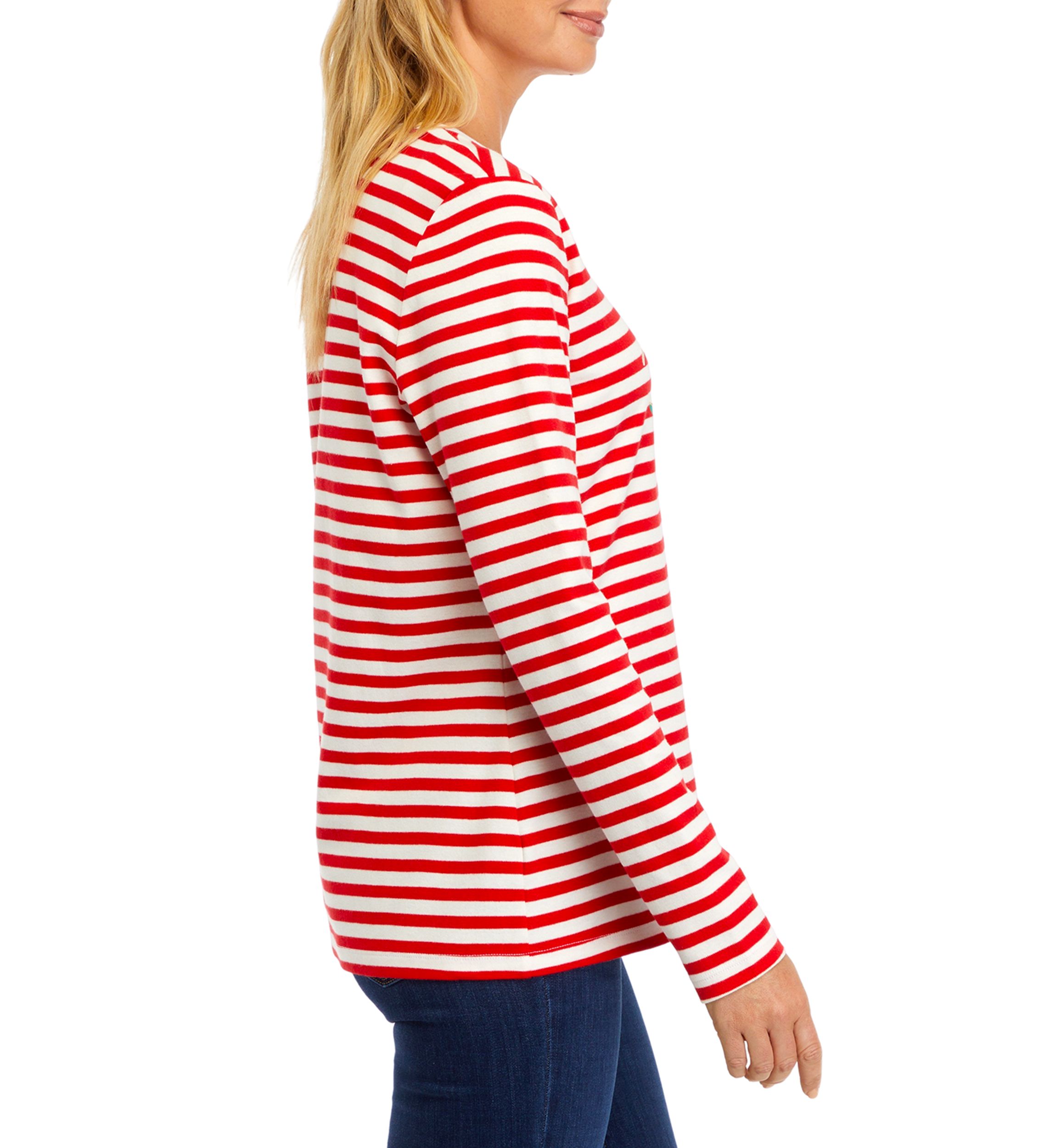 Womens Long Sleeve Striped Holiday Graphic T-Shirt