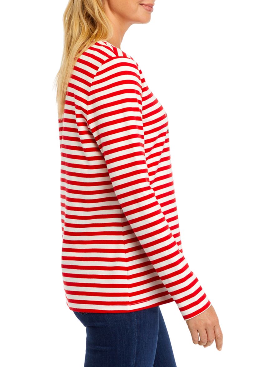 Womens Long Sleeve Striped Holiday Graphic T-Shirt